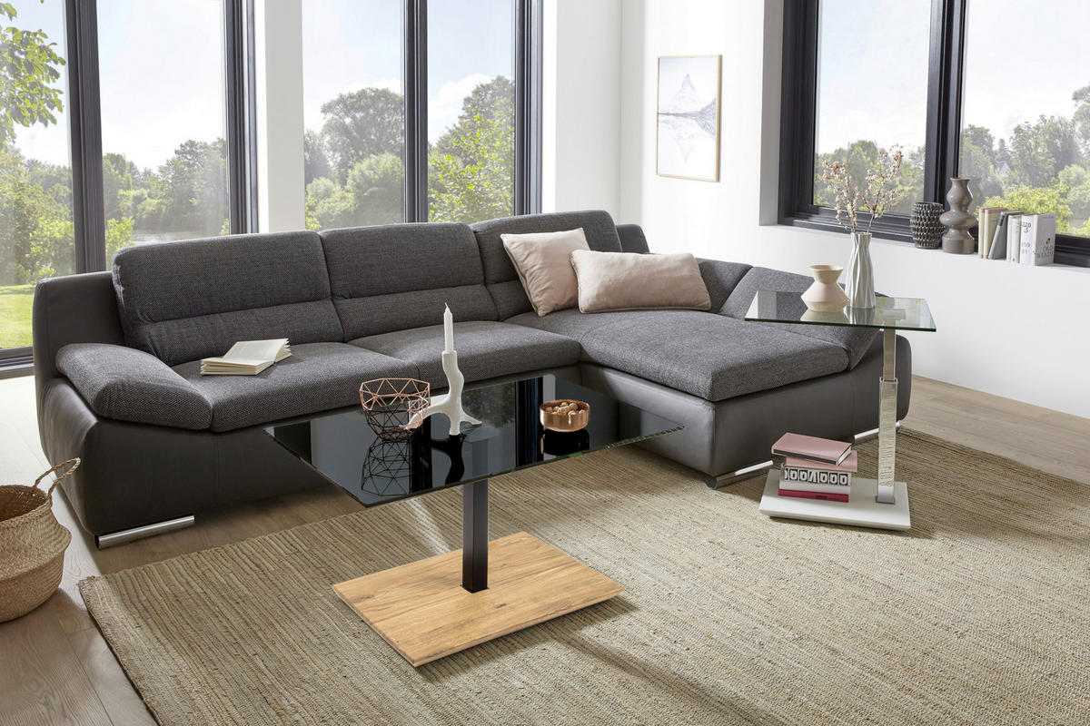 COUCHTISCH Holz, Metall, Glas 90/60/47 cm  - Eichefarben/Schwarz, Natur, Glas/Holz (90/60/47cm) - Novel