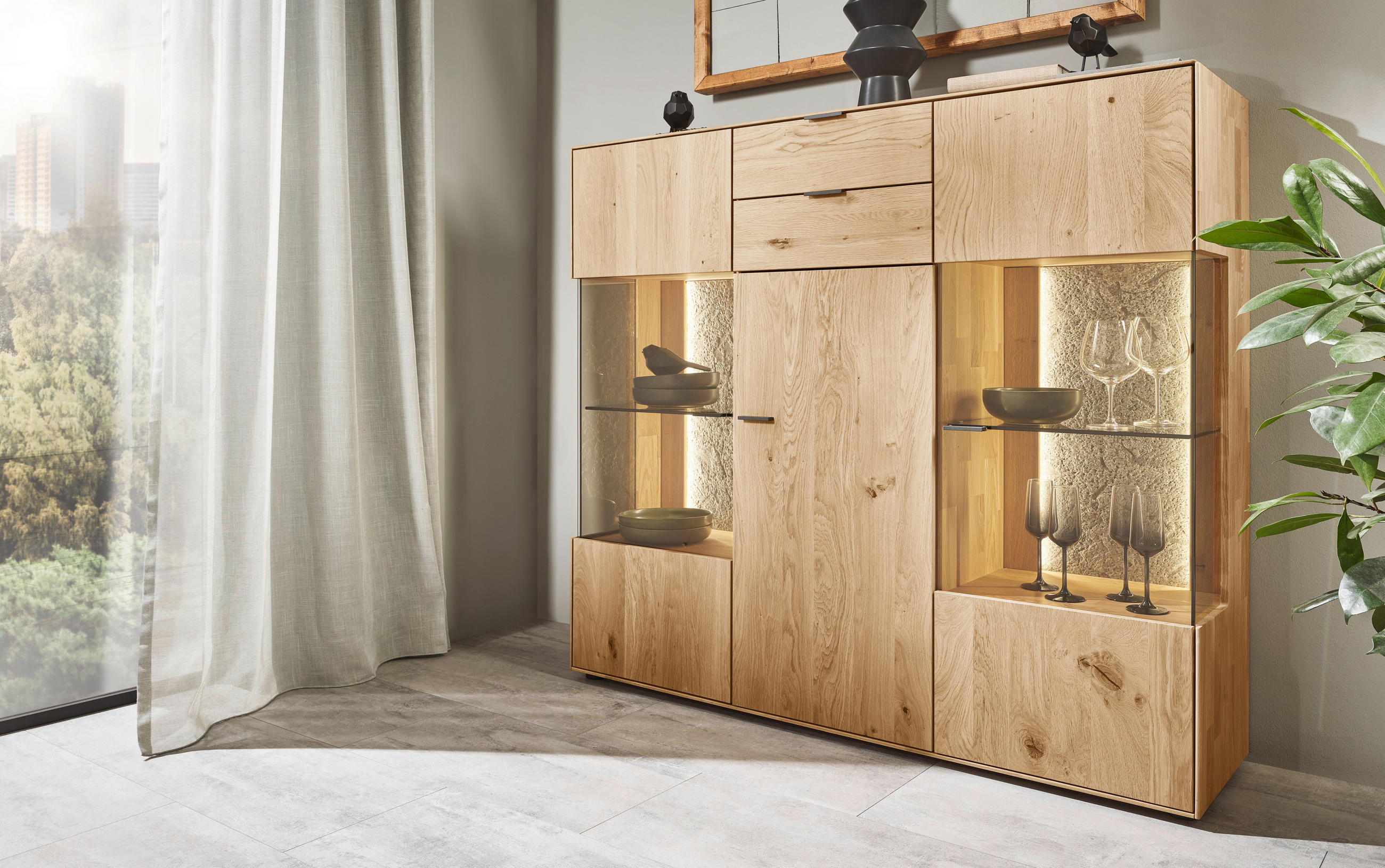 HIGHBOARD Wildeiche  136,9/138,3/37,1 cm  - Wildeiche/Schwarz, Natur, Glas/Holz (136,9/138,3/37,1cm) - Valnatura