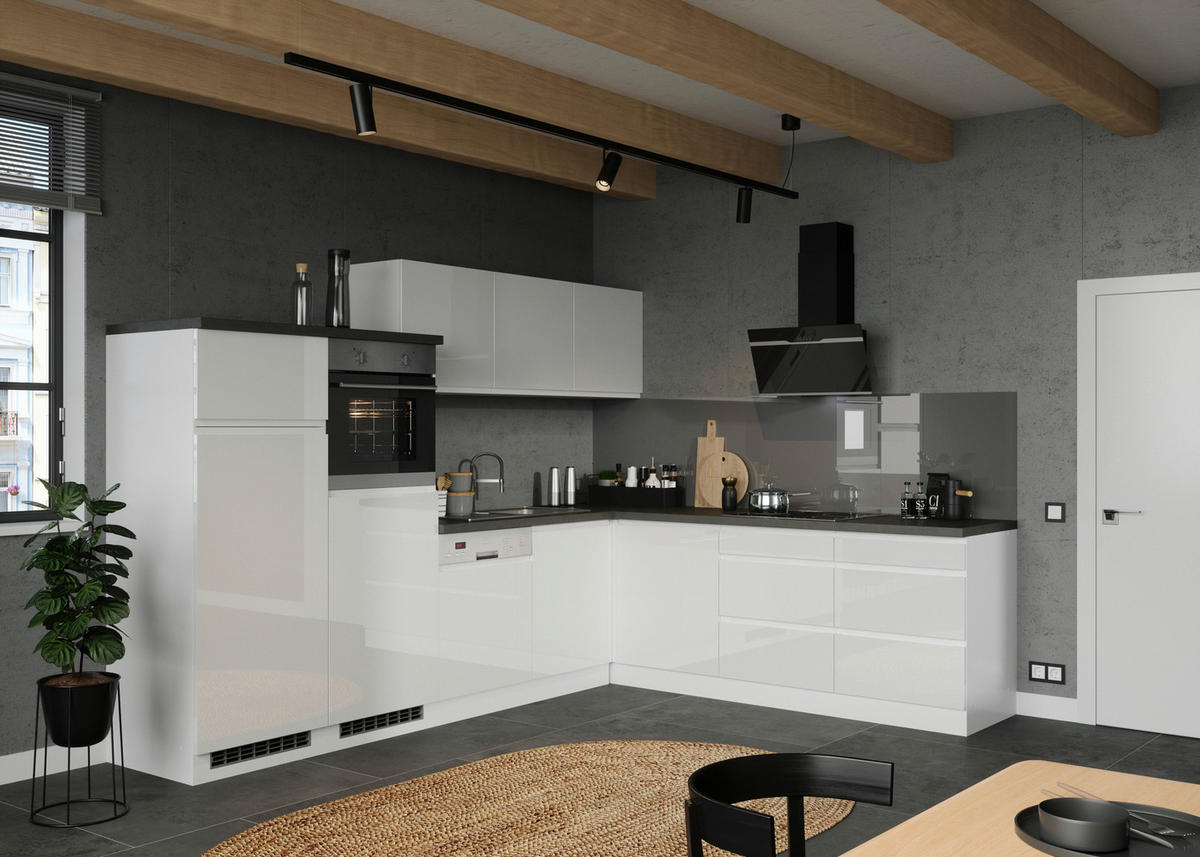 Eckküche Monza mit Geräten 300/240 cm  in Grau, Weiss, Weiss Hochglanz  - Weiss Hochglanz/Weiss, Lifestyle, Holzwerkstoff (300/240cm) - Held