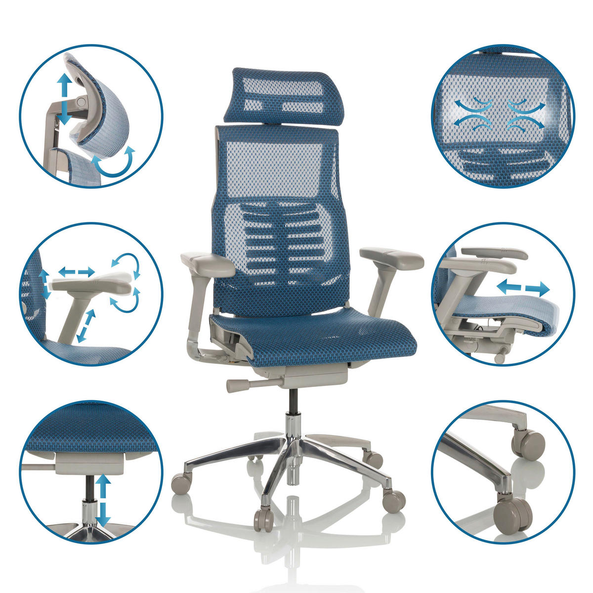 DREHSTUHL Netz Blau  - Blau/Alufarben, Basics, Kunststoff/Textil (67/119-135/60cm) - MID.YOU