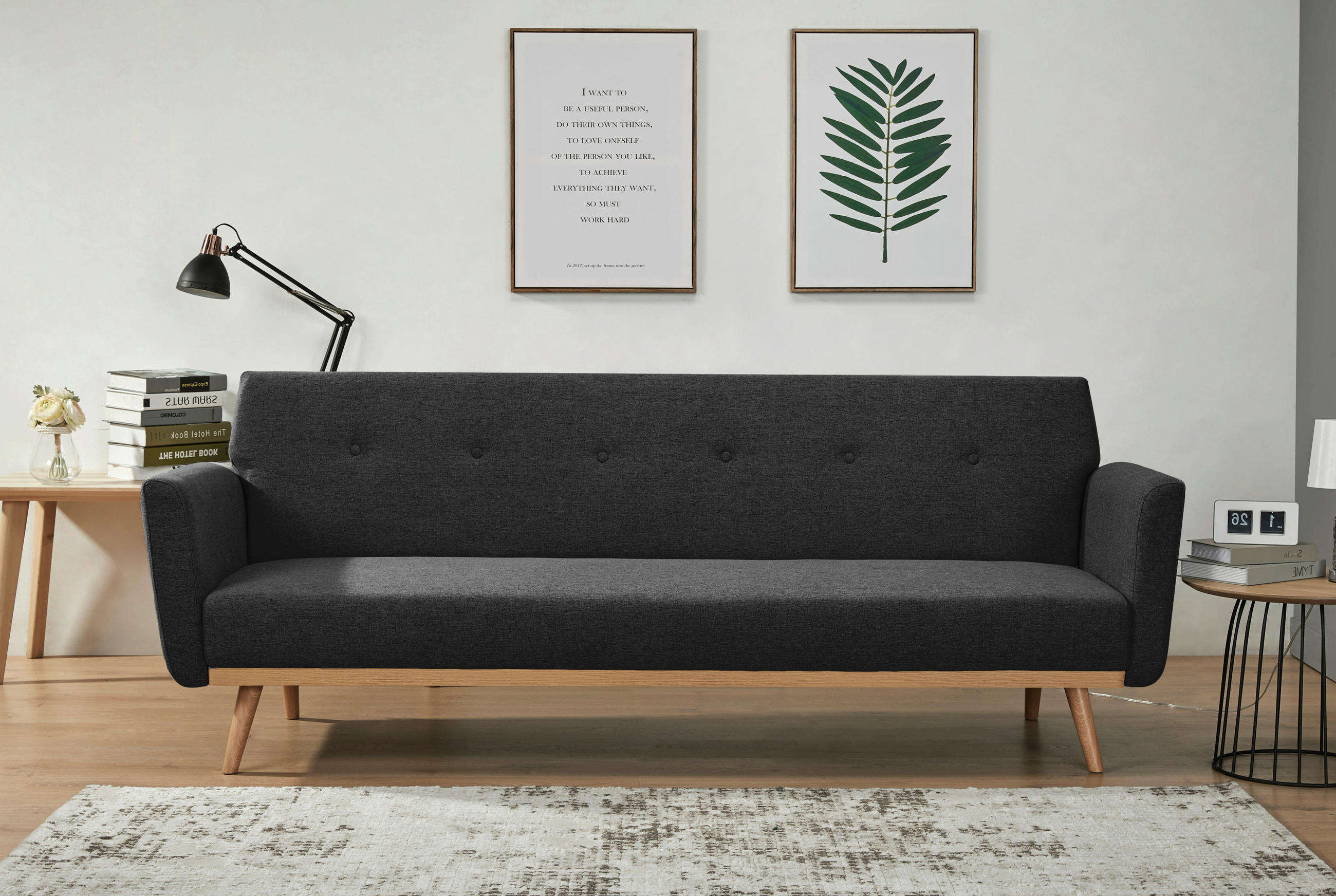 SCHLAFSOFA in Struktur Schwarz  - Schwarz/Naturfarben, MODERN, Holz/Textil (212/79/85cm) - Livetastic