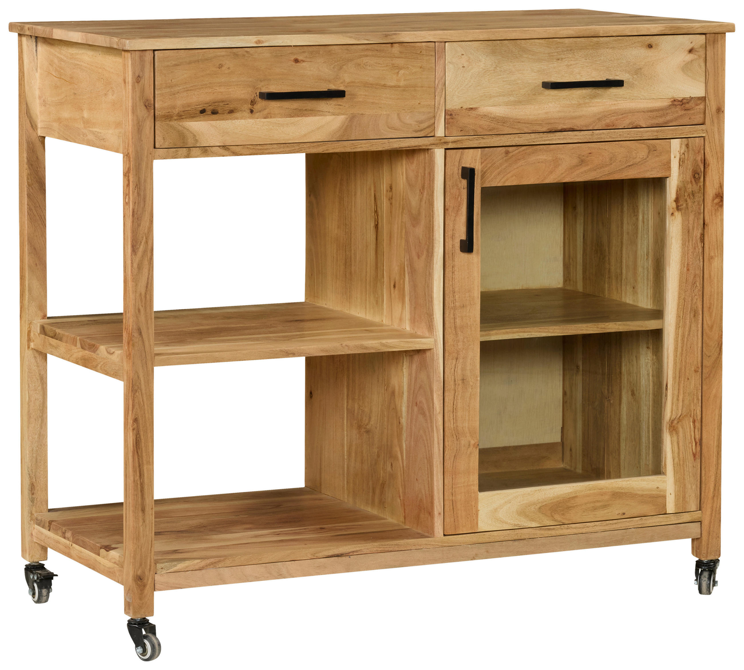 SERVIERWAGEN Akazie vollmassiv Akaziefarben  - Schwarz/Akaziefarben, Natur, Glas/Holz (100/90/48cm) - Livetastic