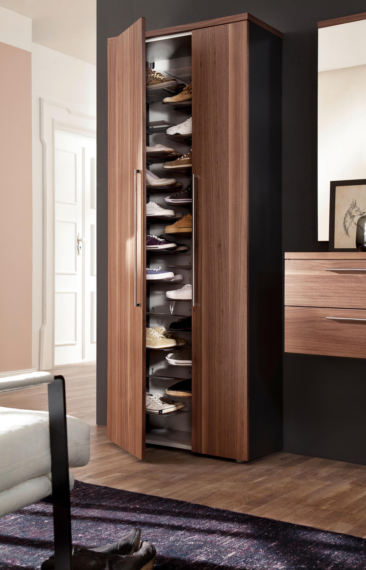 GARDEROBE 4-teilig  in 373/201/35 cm  - Anthrazit/Nussbaumfarben, Design, Glas/Holz (373/201/35cm) - Moderano