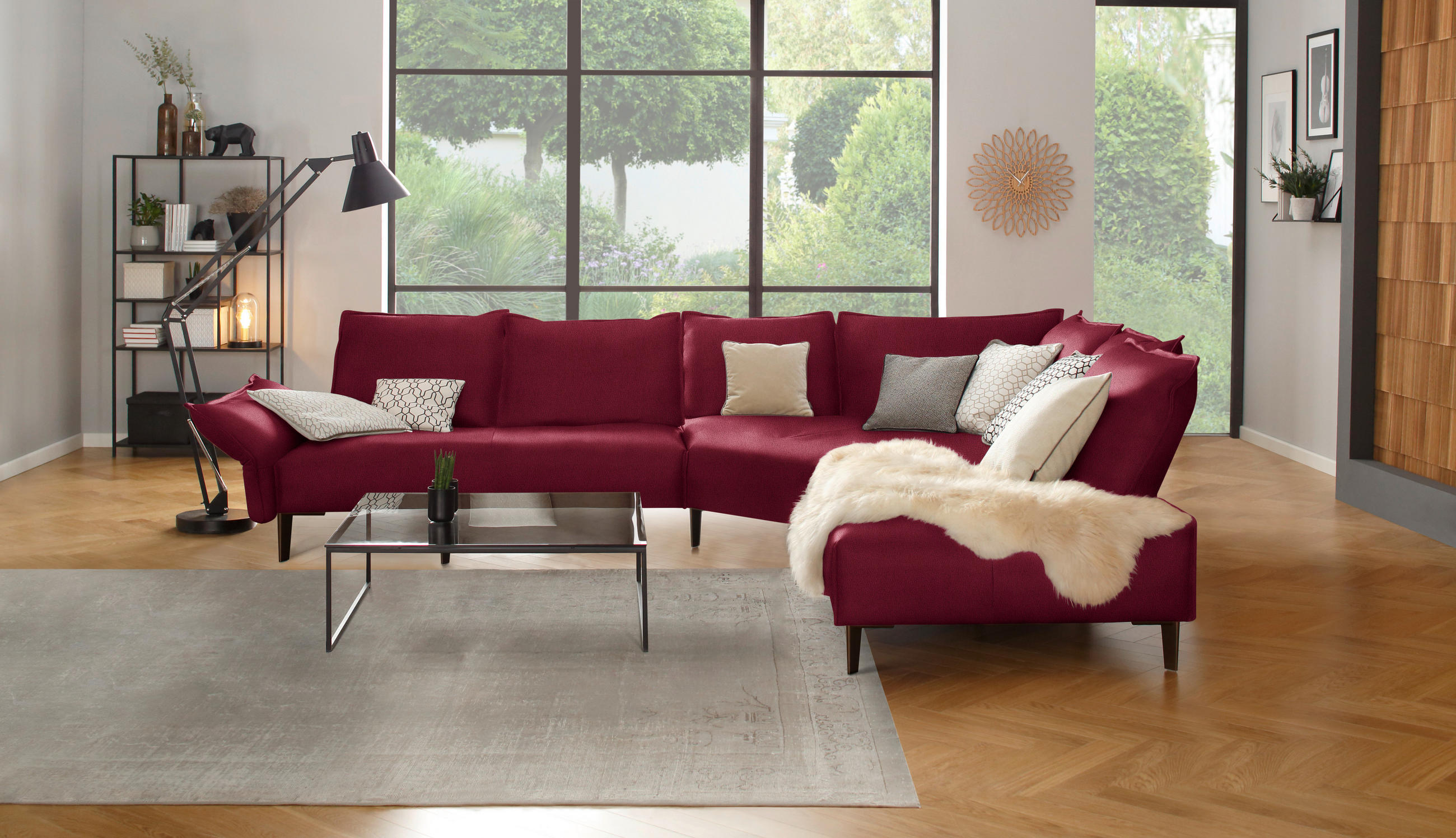 ECKSOFA in Echtleder Rot  - Rot/Schwarz, Design, Leder/Metall (340/272cm) - W.Schillig
