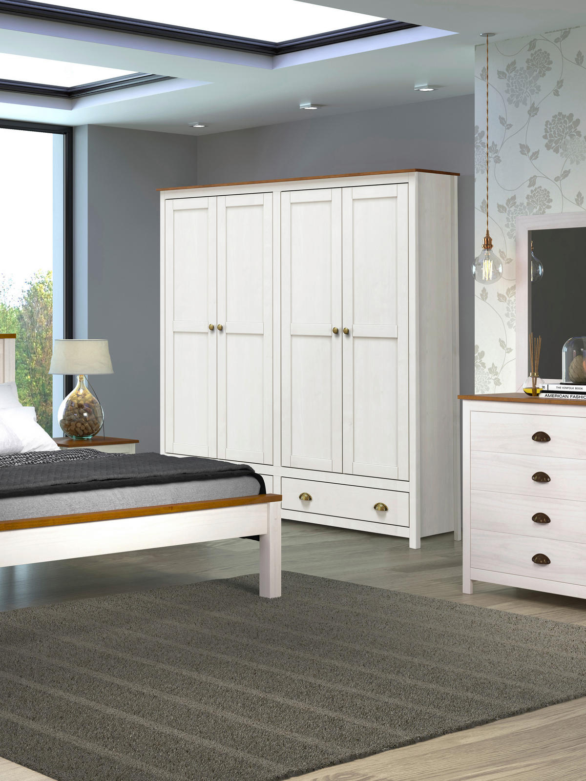 DREHTÜRENSCHRANK 176/185/54 cm,  in Weiß, 4-türig  - Messingfarben/Weiß, Natur, Holz/Metall (176/185/54cm) - Livetastic