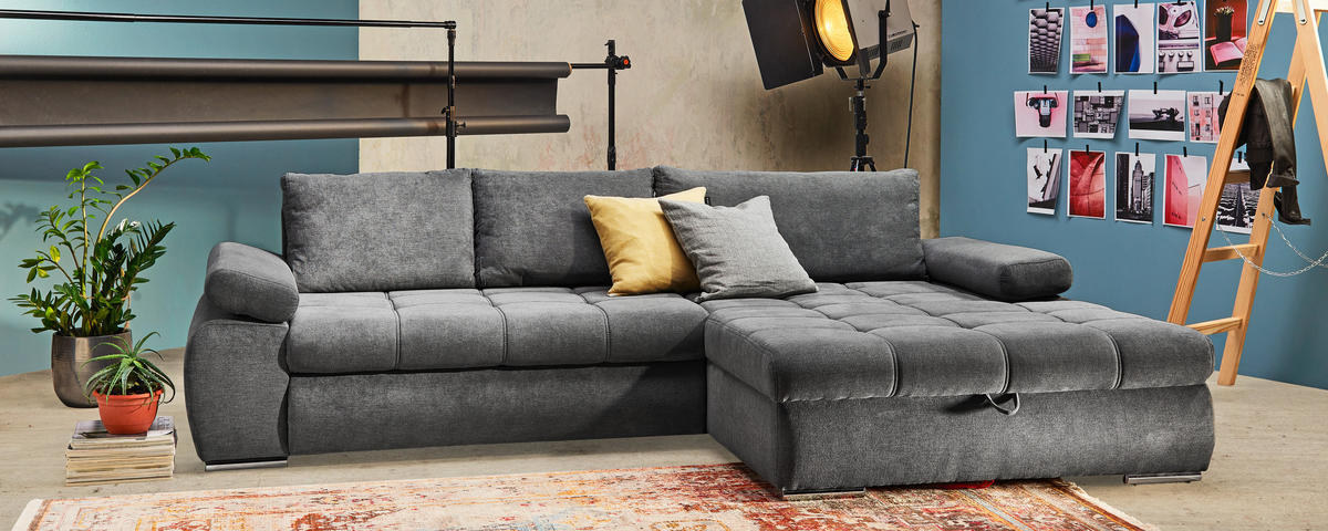ECKSOFA Grau Flachgewebe  - Chromfarben/Weiß, Design, Kunststoff/Textil (294/173cm) - Carryhome