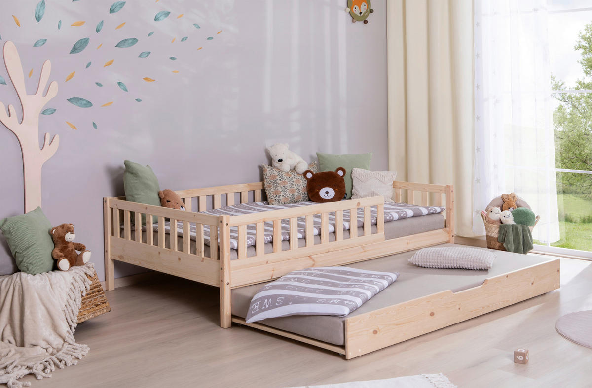 HAUSBETT 120/200 cm,  in Naturfarben, Absturzsicherung, Matratze, Rollrost, Bettkasten  - Weiß/Naturfarben, MODERN, Holz/Textil (120/200cm) - MID.YOU