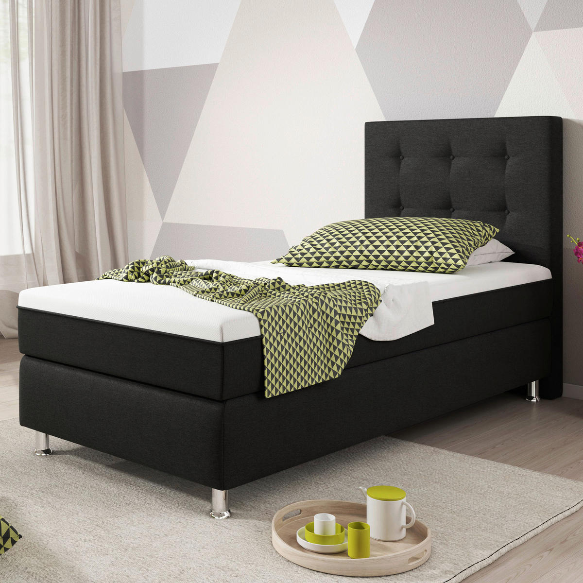 BOXSPRINGBETT 90/200 cm  in Schwarz  - Silberfarben/Schwarz, KONVENTIONELL, Textil/Metall (90/200cm) - MID.YOU