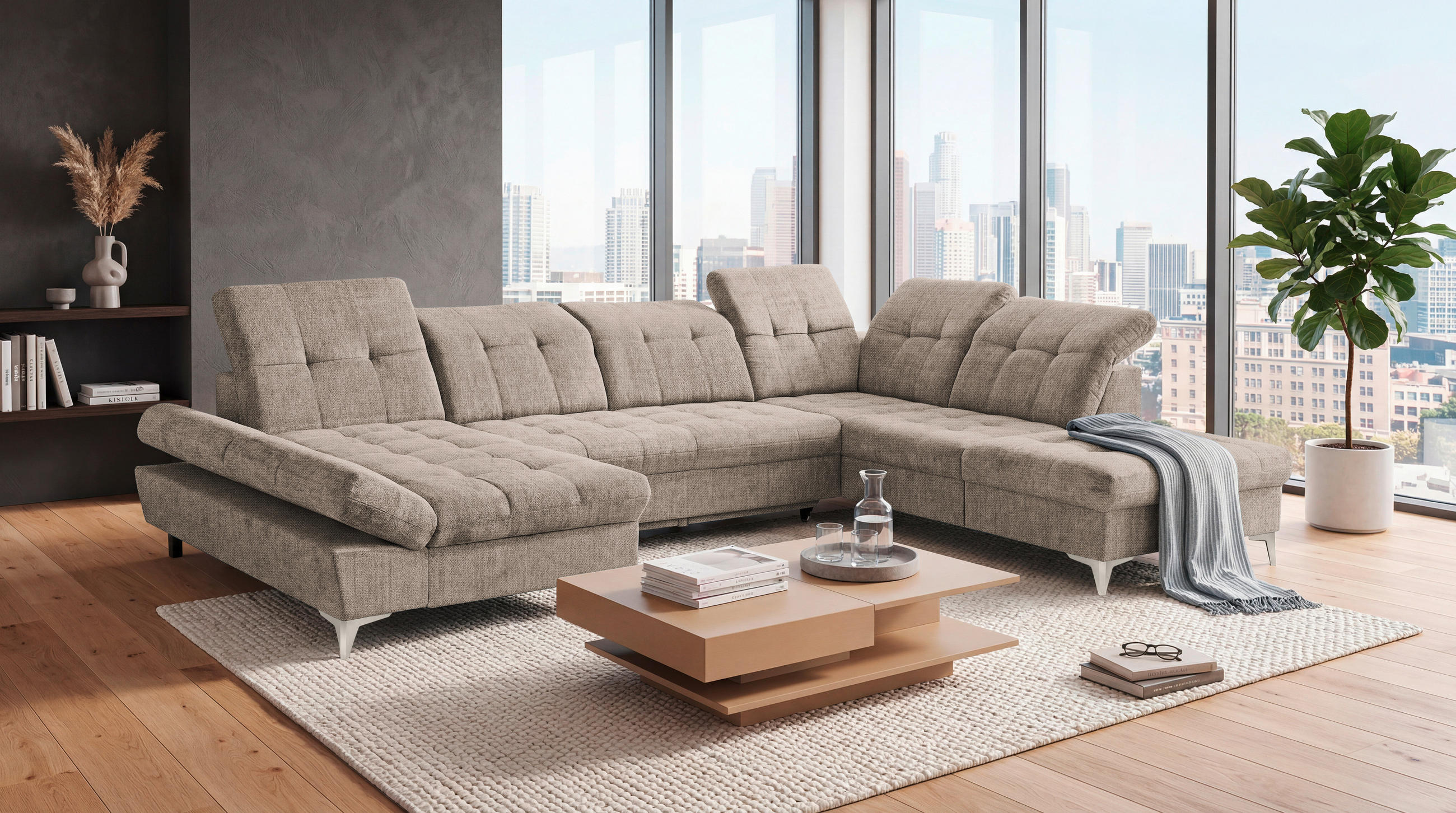 WOHNLANDSCHAFT Mikrovelours Beige  - Kaschmir/Beige, Modern, Kunststoff/Textil (169/348/245cm) - MID.YOU