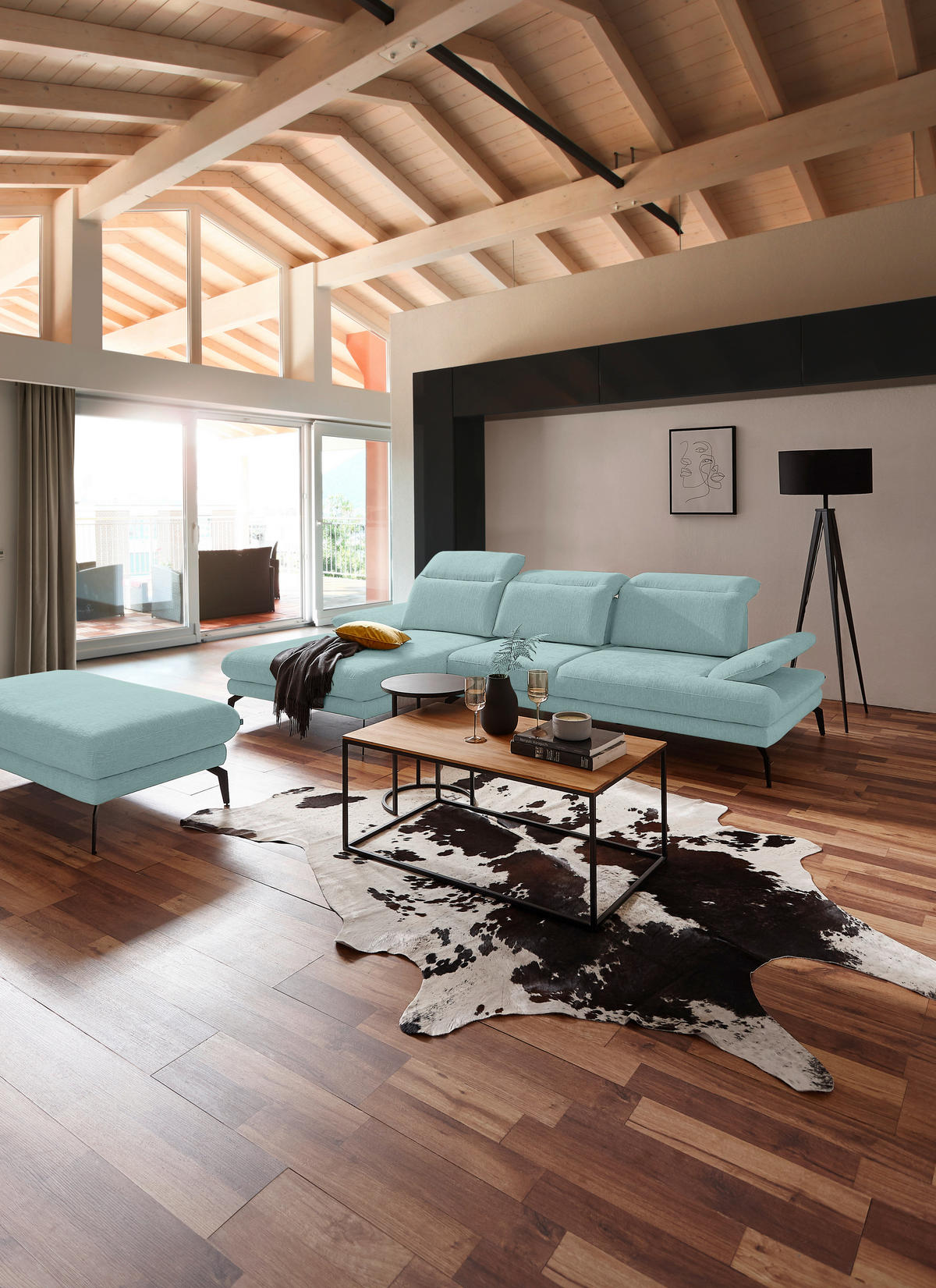 WOHNLANDSCHAFT inkl.Funktionen Mintgrün Webstoff  - Schwarz/Mintgrün, Design, Textil/Metall (289/180cm) - Stylife