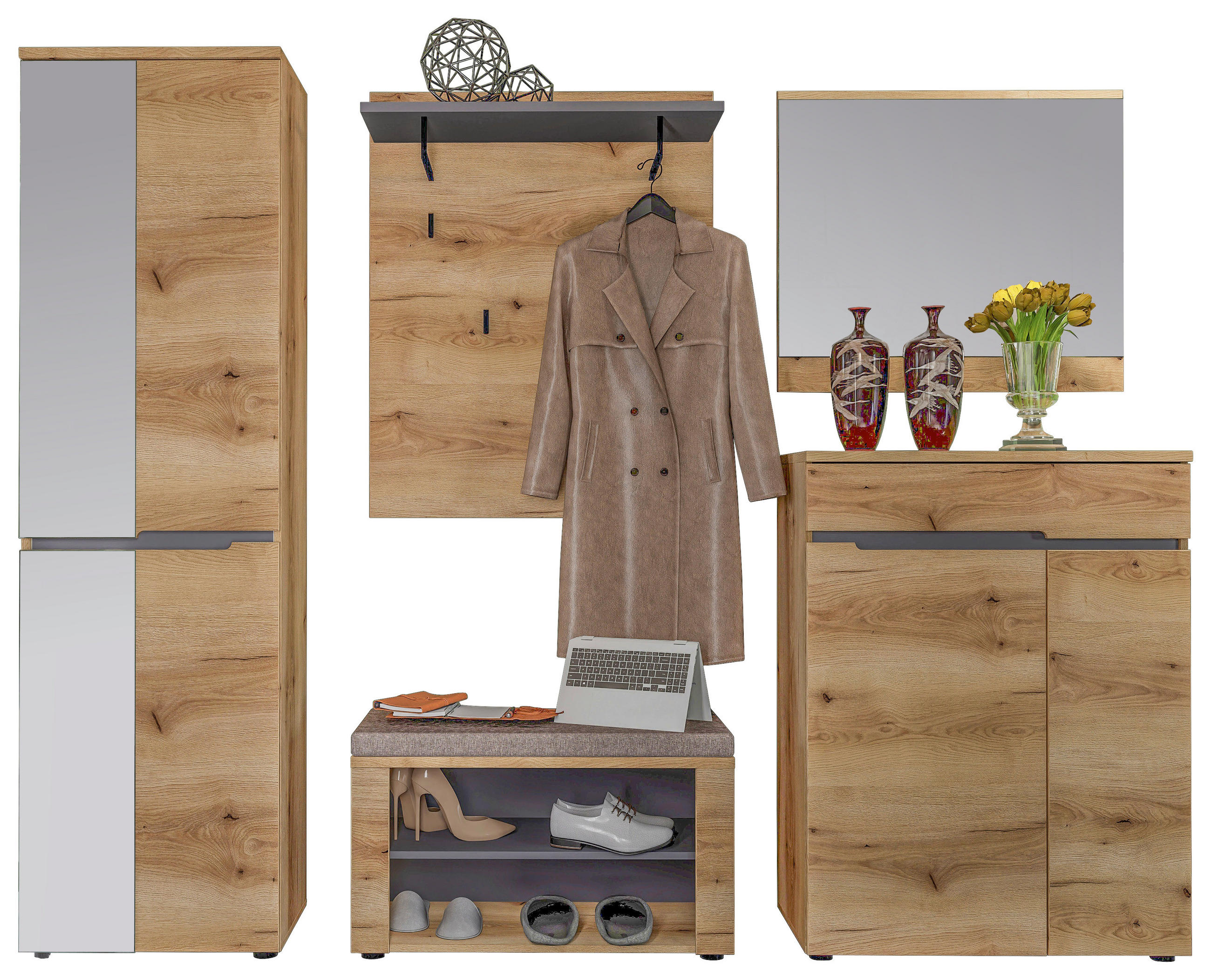 GARDEROBE  in 245/192/38 cm  - Eichefarben/Graphitfarben, KONVENTIONELL, Glas/Holzwerkstoff (245/192/38cm) - Xora