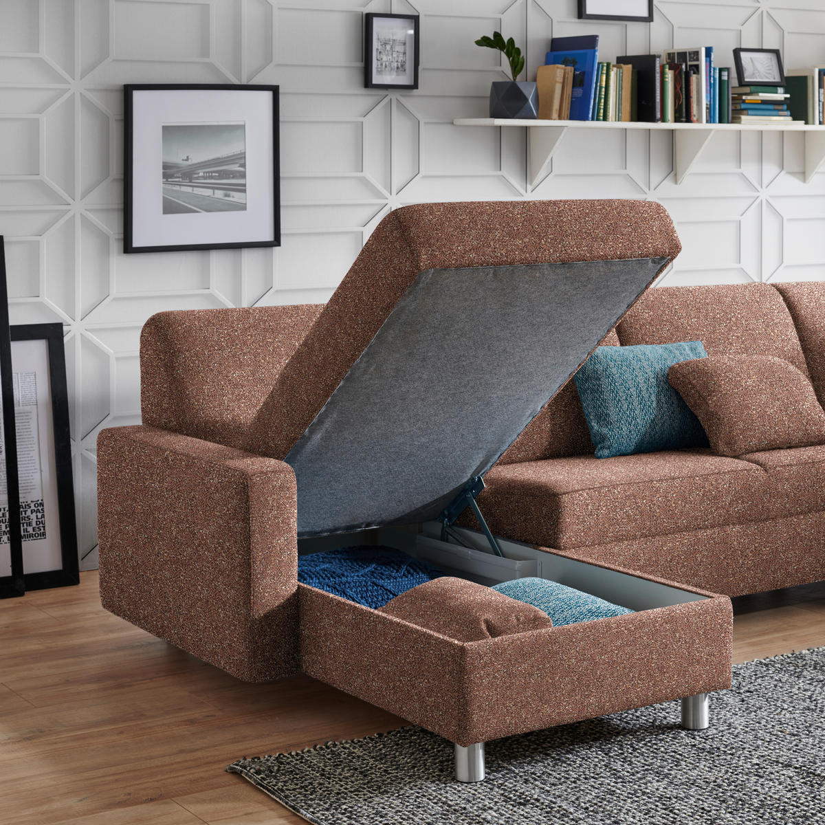 WOHNLANDSCHAFT  in Mikrovelours Terracotta  - Terracotta/Alufarben, KONVENTIONELL, Kunststoff/Textil (158/322/236cm) - Sedda