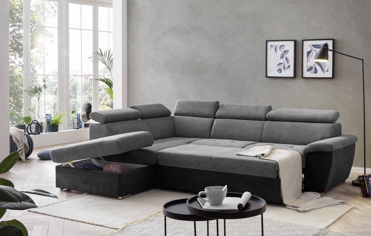 ECKSOFA in Mikrofaser Schwarz, Dunkelgrau  - Chromfarben/Dunkelgrau, Design, Textil/Metall (216/262cm) - Livetastic