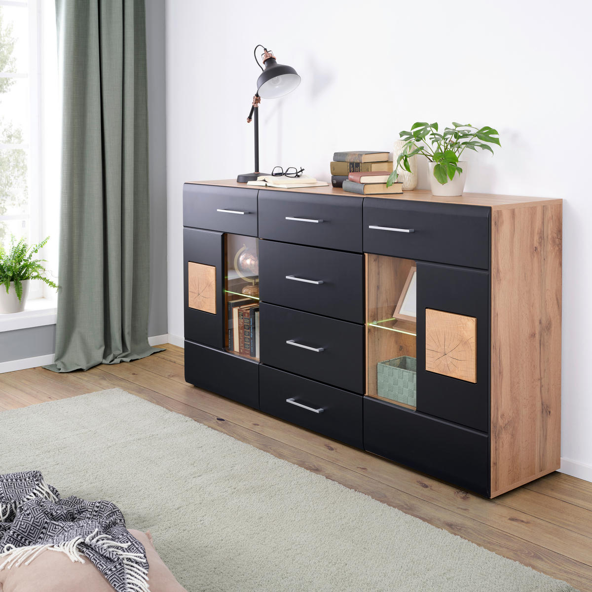 Comodă Cu Uşi 170/93/40 cm  - culoare crom/culoare lemn stejar, Konventionell, sticlă/metal (170/93/40cm) - Hom`in