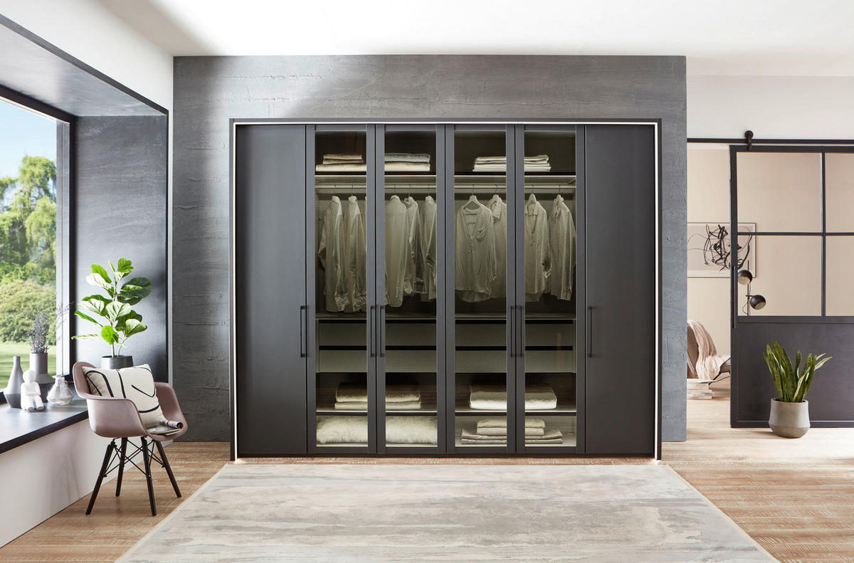DREHTÜRENSCHRANK in Graphitfarben  - Schwarz/Graphitfarben, Design, Glas/Holzwerkstoff (300/216/58cm) - home24