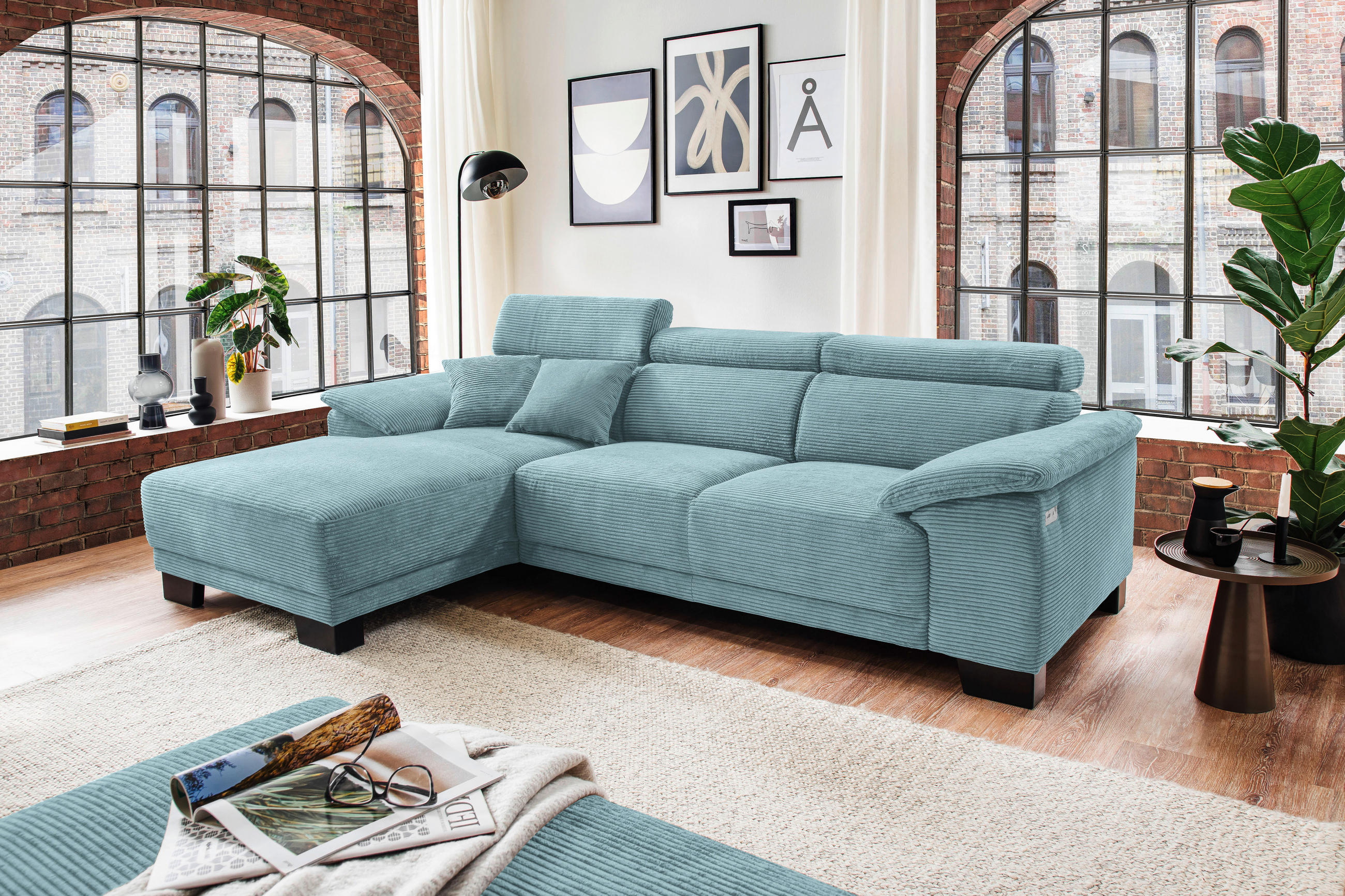 ECKSOFA in Cord Hellblau  - Schwarz/Hellblau, Design, Holz/Textil (174/270cm) - Pure Home Lifestyle