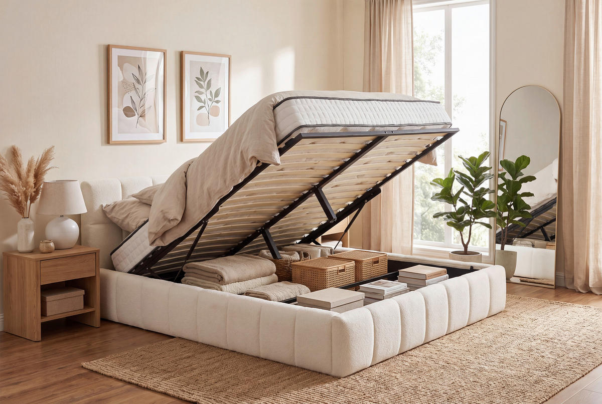 POLSTERBETT 140/200 cm  Creme  - Creme/Schwarz, Modern, Holz/Kunststoff (140/200cm) - Livetastic