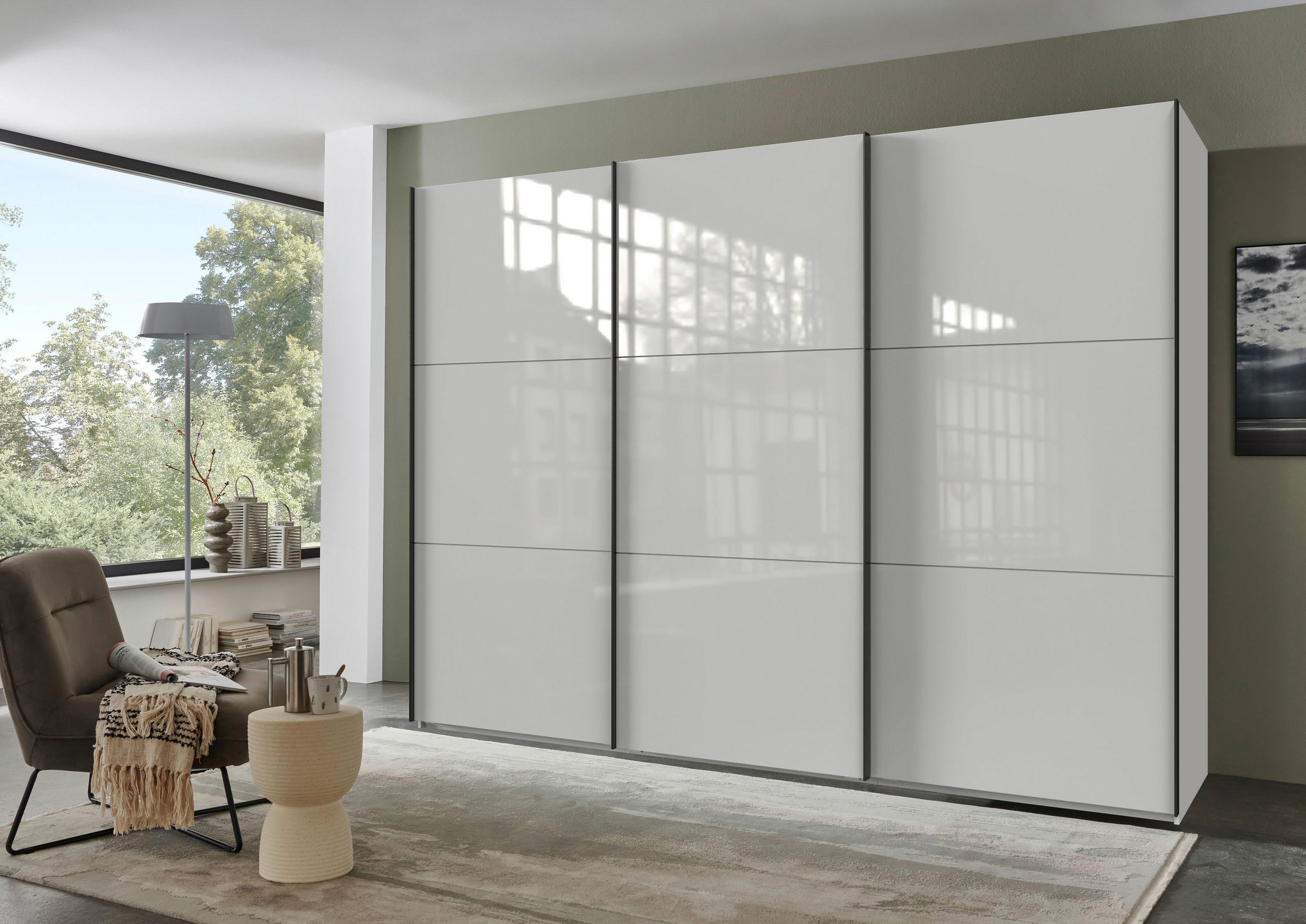 SCHWEBETÜRENSCHRANK in Weiss  - Weiss/Schwarz, Konventionell, Glas/Holzwerkstoff (300/216/65cm) - Stylife