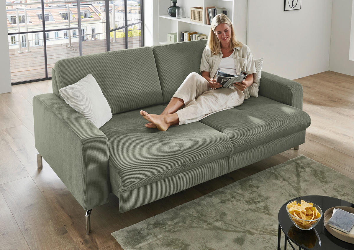 3-SITZER-SOFA Feincord Schilfgrün  - Schilfgrün/Chromfarben, Design, Textil/Metall (194/87/105cm) - Beldomo Style