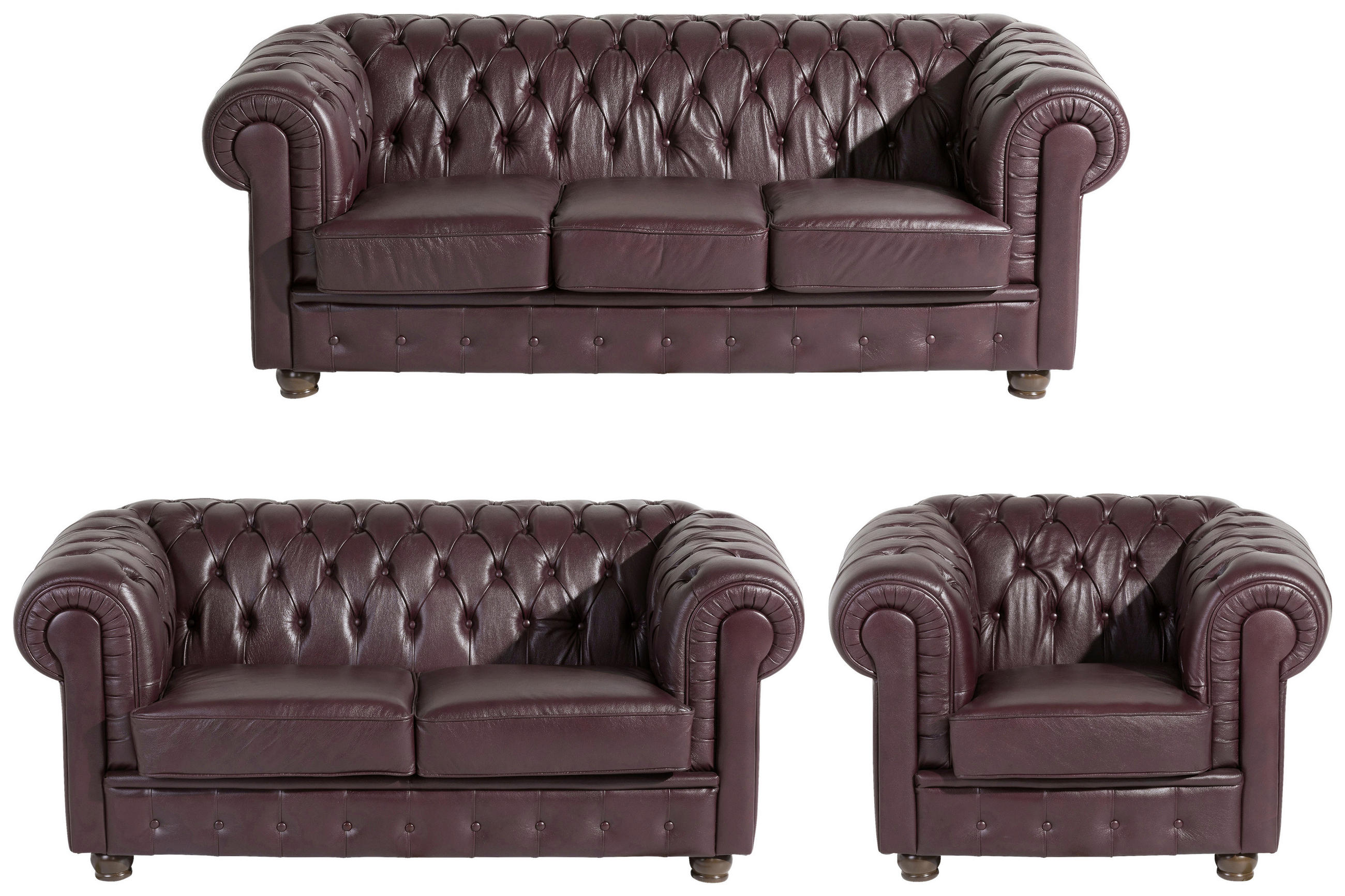 CHESTERFIELD-SITZGARNITUR Echtleder Rot  - Rot/Nussbaumfarben, Design, Leder/Holz - Max Winzer