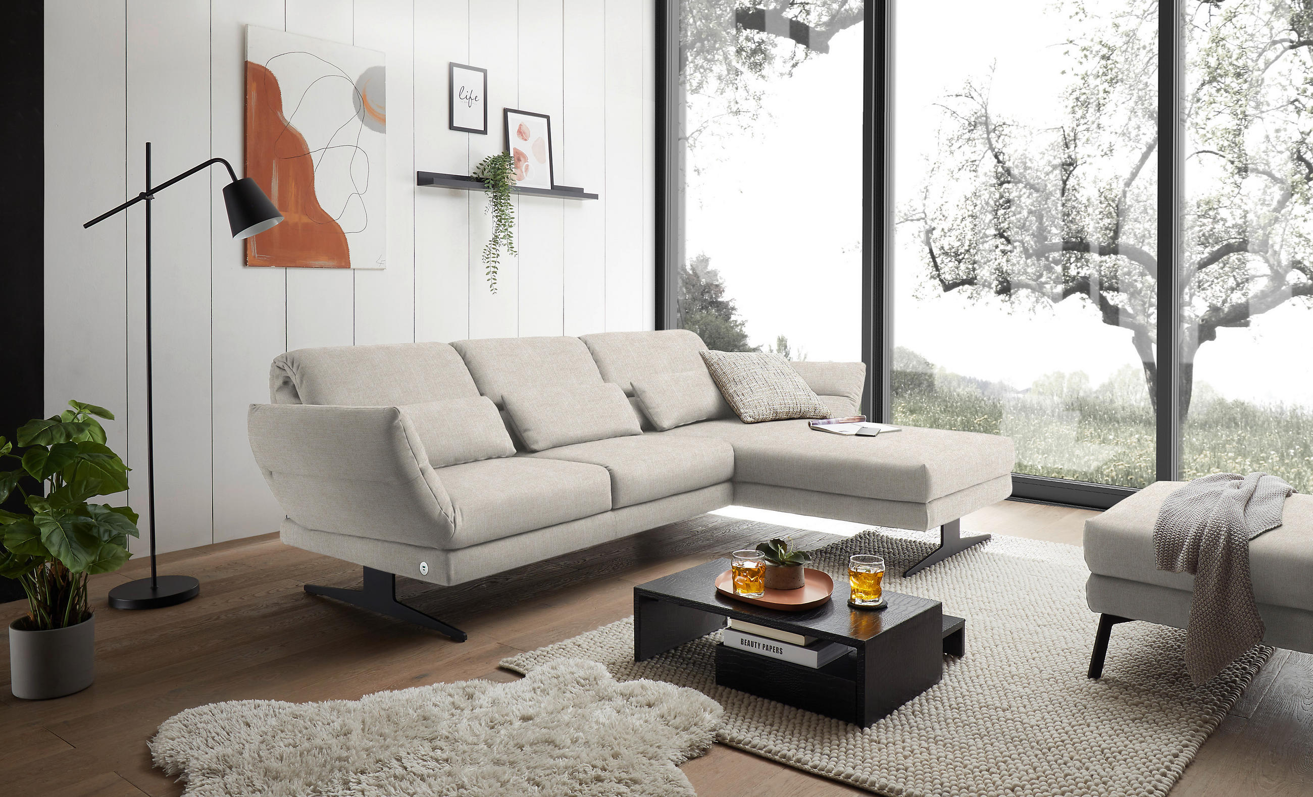 ECKSOFA in Flachgewebe Naturfarben  - Schwarz/Naturfarben, Design, Textil/Metall (279-327/176-217cm) - Dieter Knoll