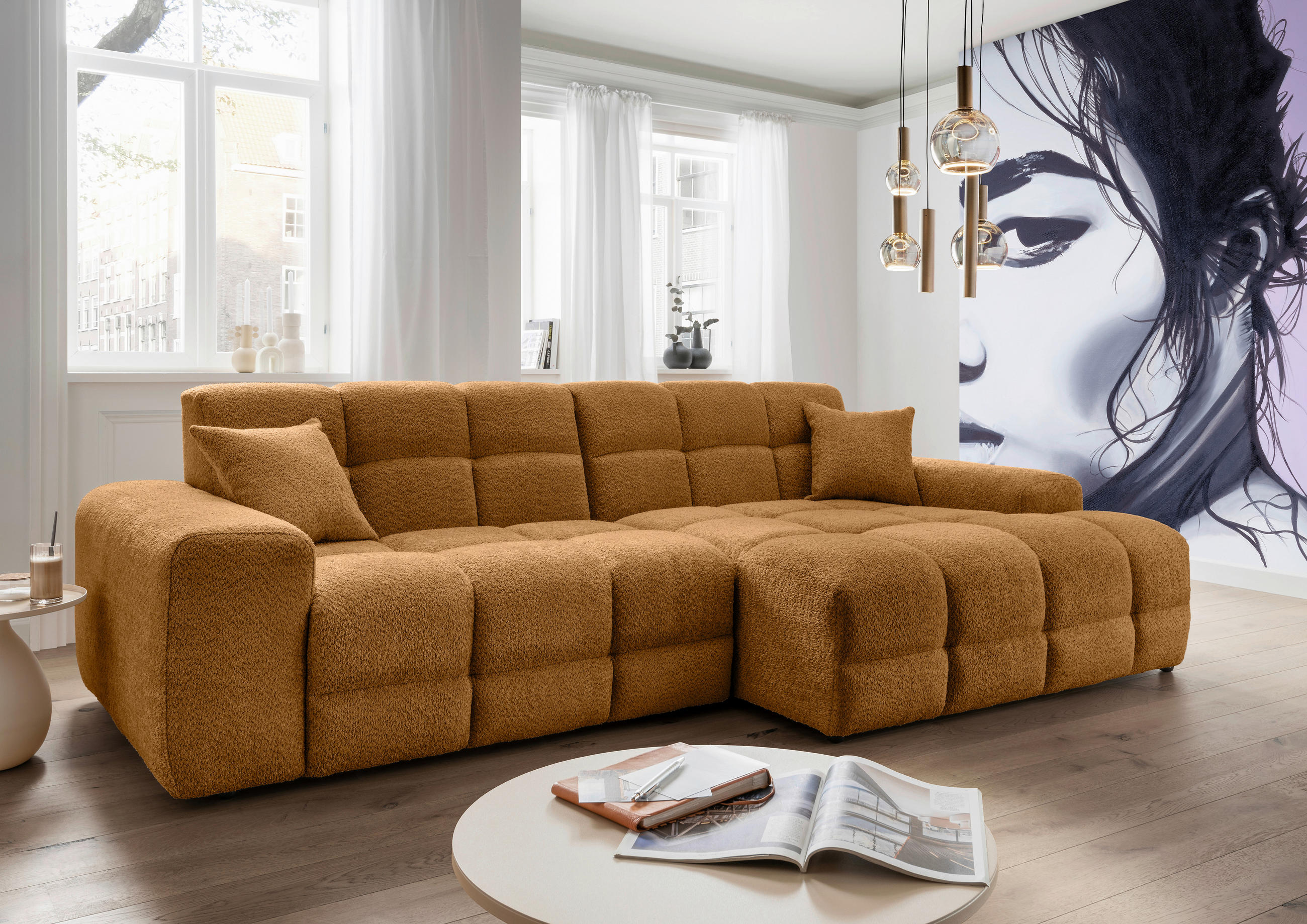 ECKSOFA in Bouclé Goldfarben 301/152 cm - Goldfarben/Schwarz, MODERN, Kunststoff/Textil (301/152cm) - Livetastic