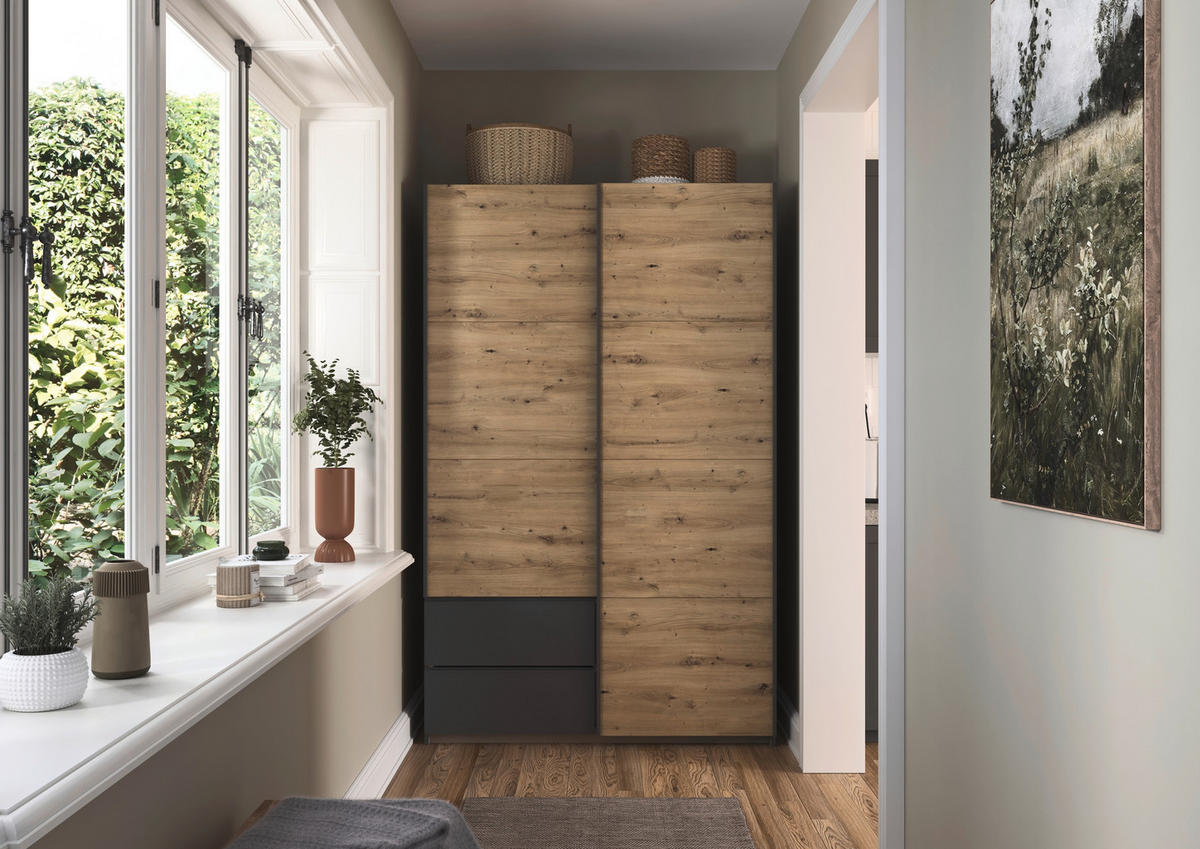 SCHWEBETÜRENSCHRANK in Grau, Eiche Artisan  - Eiche Artisan/Grau, Modern, Holzwerkstoff (131/210/59cm) - Rauch Möbel