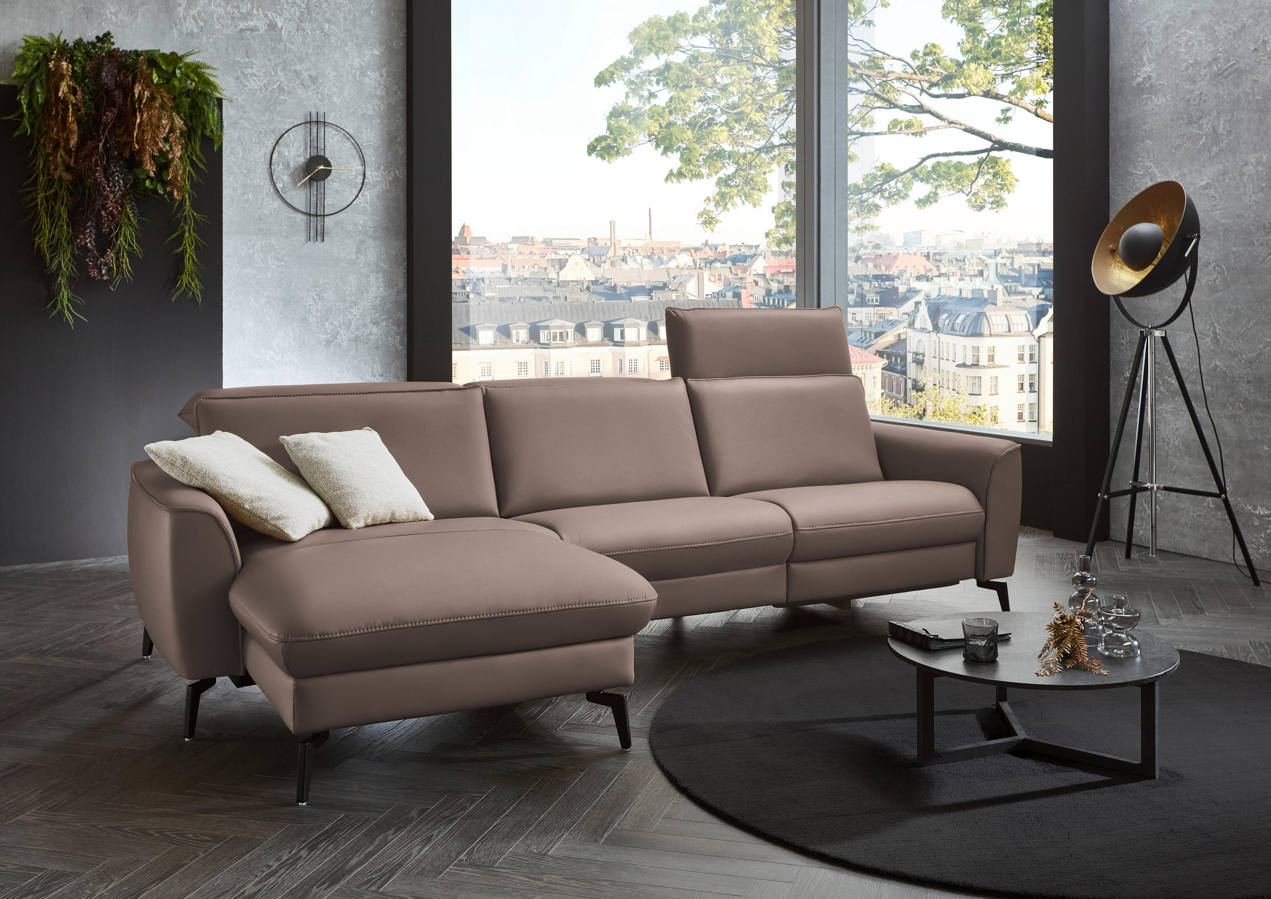 ECKSOFA in Echtleder Taupe  - Taupe/Schwarz, Natur, Leder/Metall (168/281cm) - Valdera