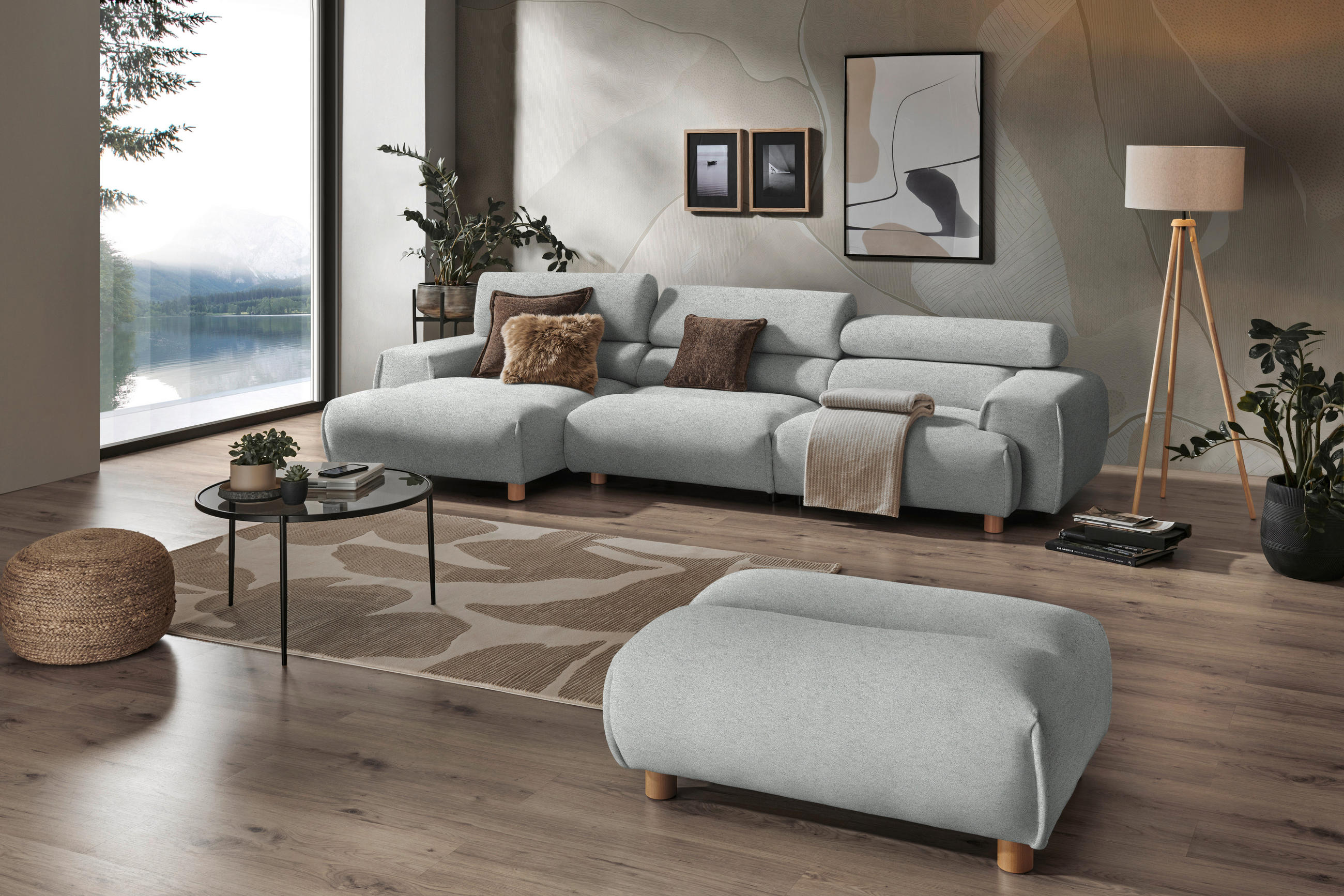 HÖRNSOFFA i velour ljusgrå  - ljusgrå, Natur, trä/textil (150/329cm) - Livetastic