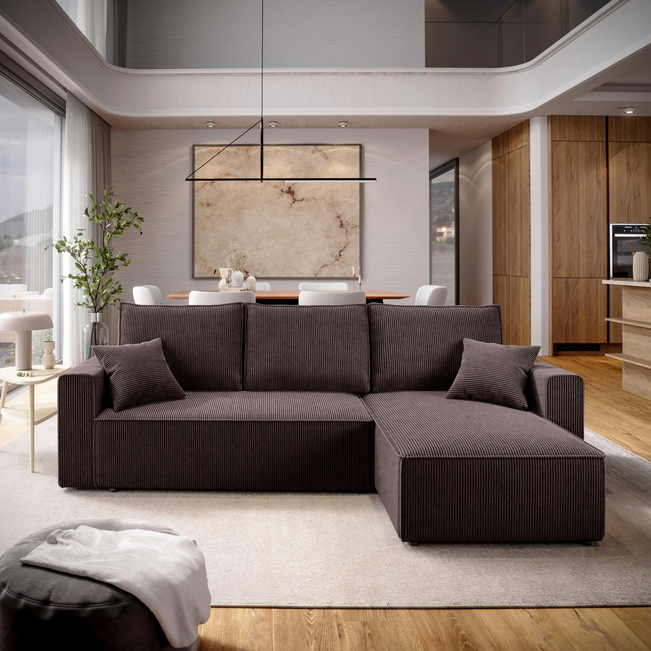 ECKSOFA Braun Cord  - Schwarz/Braun, KONVENTIONELL, Kunststoff/Textil (232/143cm) - Carryhome