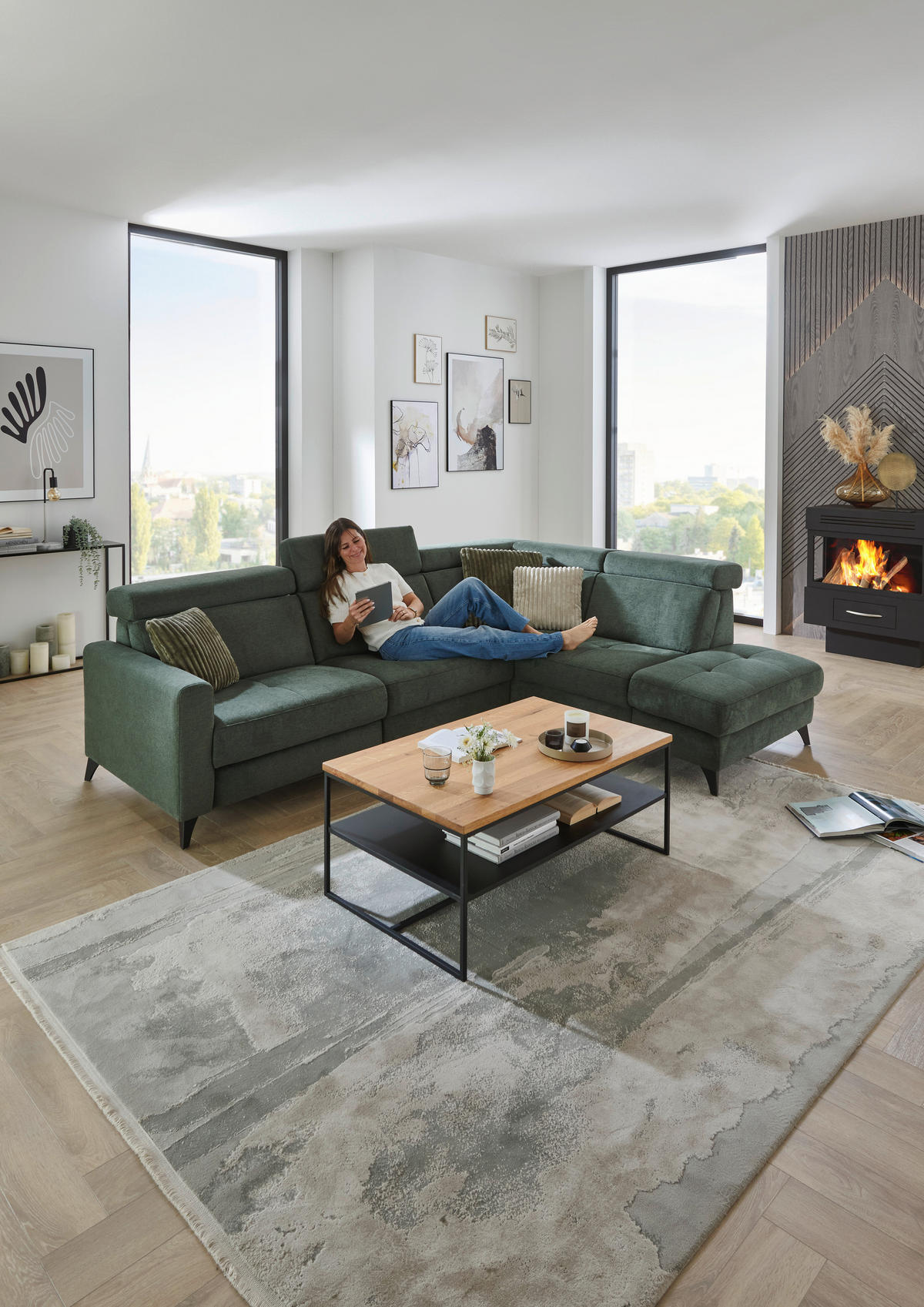 ECKSOFA Beldomo System Dunkelgrün Flachgewebe Kopfteilverstellung  - Dunkelgrün/Schwarz, KONVENTIONELL, Textil/Metall (276/214cm) - Beldomo System