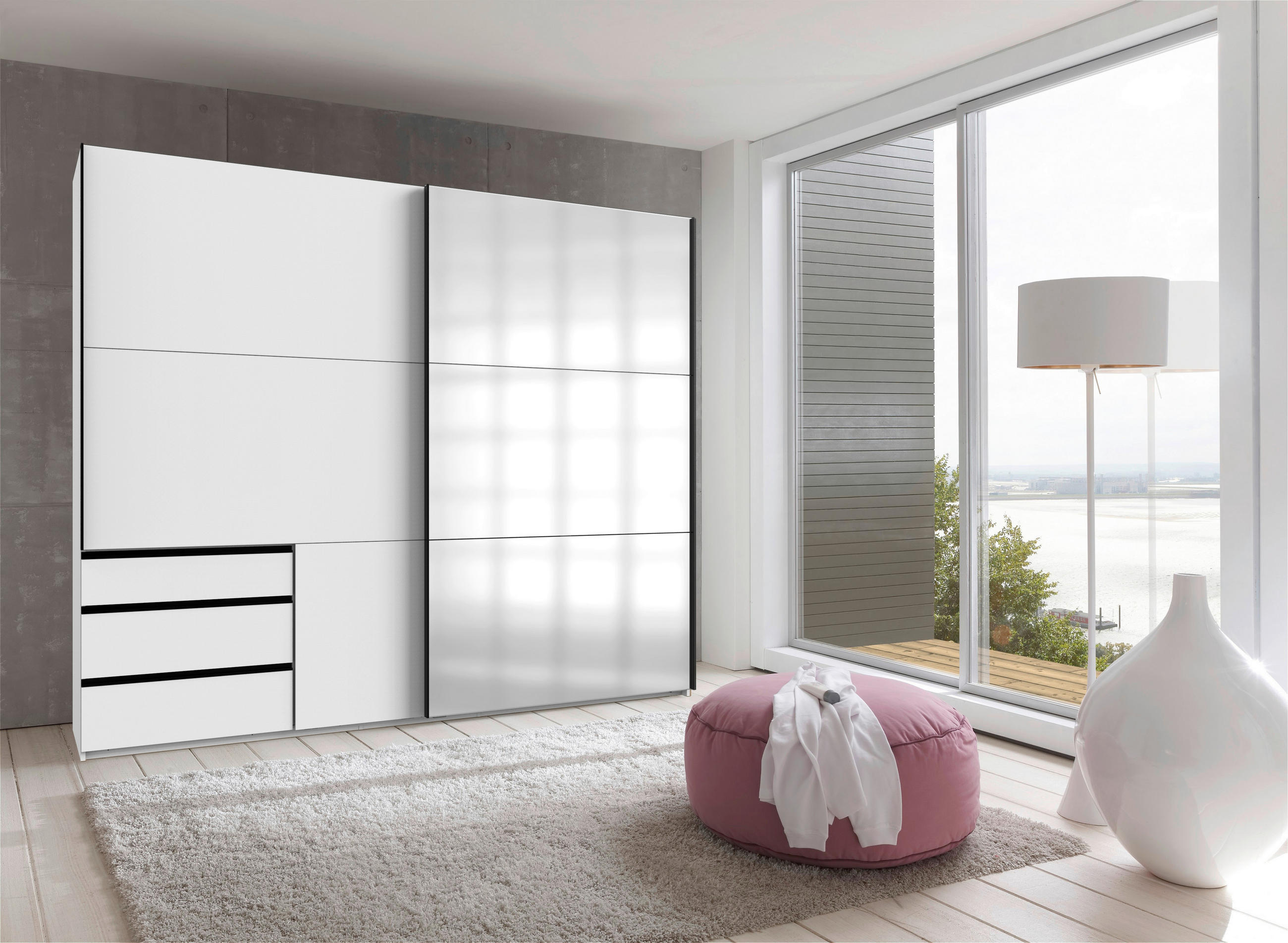 SCHWEBETÜRENSCHRANK 250/216/65 cm 2-türig Weiß  - Schwarz/Weiß, MODERN, Glas/Holzwerkstoff (250/216/65cm) - MID.YOU