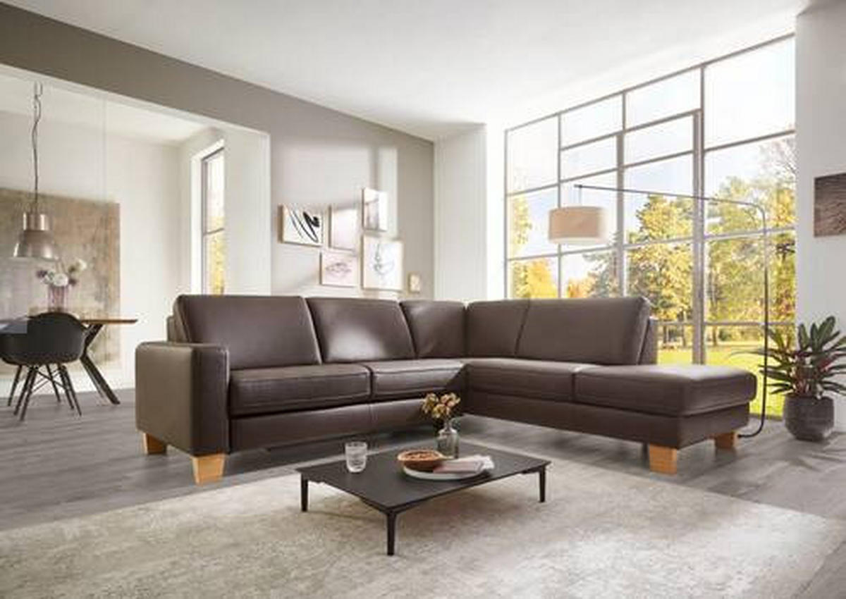ECKSOFA in Echtleder Dunkelbraun  - Eiche Bianco/Dunkelbraun, Konventionell, Leder/Holz (235/259cm) - Valdera