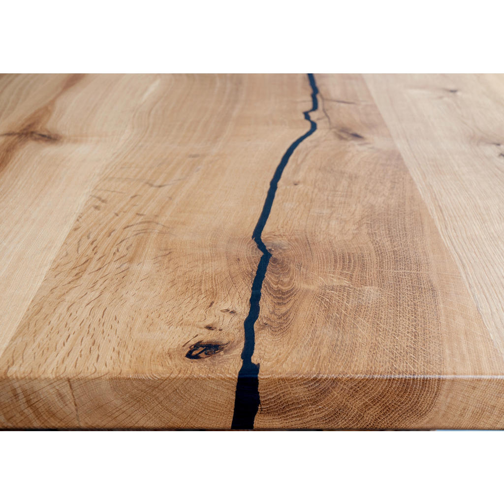 Thumbnail - Linea Natura Esstisch, Schwarz, Wildeiche, Holz, Metall, Wildeiche, vollmassiv, Sternfuß, eckig, 100x76x220 cm, in versc...