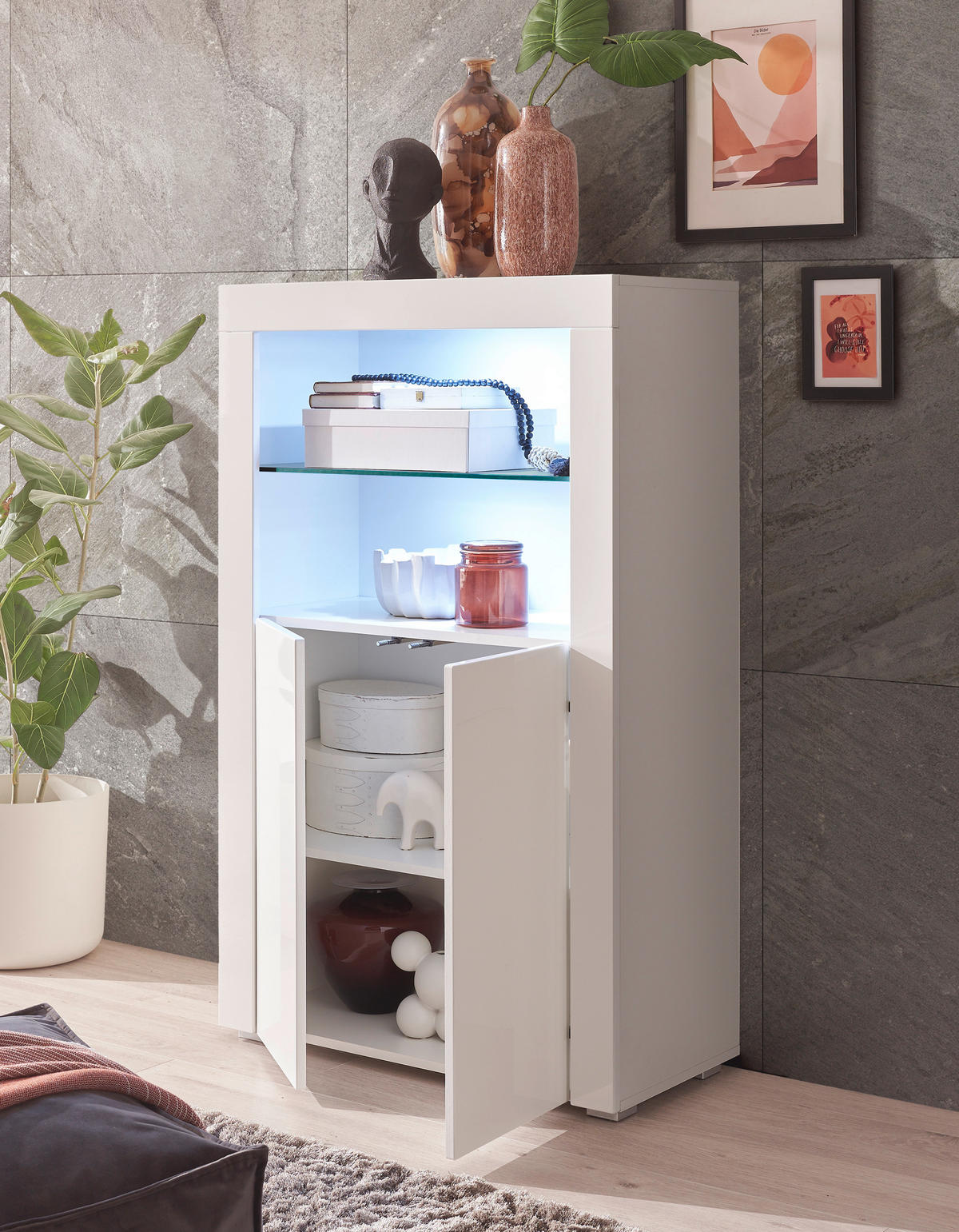 HIGHBOARD  in 80/128/38 cm  - Weiß Hochglanz/Silberfarben, Design, Glas/Holzwerkstoff (80/128/38cm) - MID.YOU