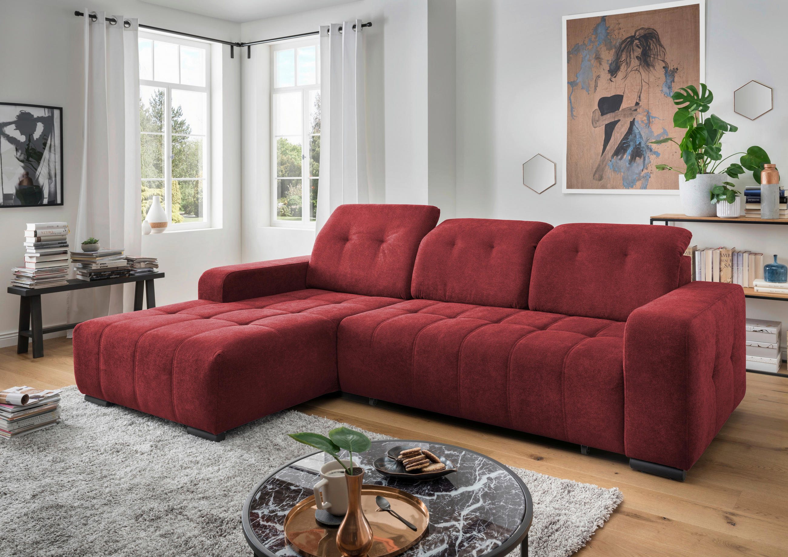 ECKSOFA in Chenille Rot  292/185 cm  - Rot/Schwarz, MODERN, Textil/Metall (292/185cm) - Livetastic