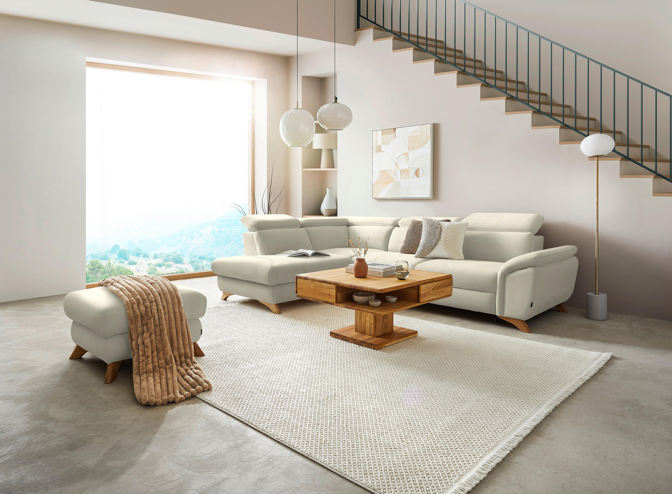 ECKSOFA in Flachgewebe Creme  - Eichefarben/Creme, Modern, Holz/Textil (212/287cm) - Valnatura