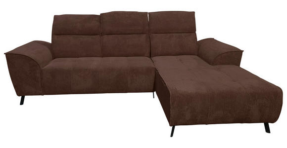 ECKSOFA Dunkelbraun Cord Rücken echt, Kopfteilverstellung, Sitzvorzug  - Dunkelbraun/Schwarz, KONVENTIONELL, Textil/Metall (290/196cm) - Carryhome