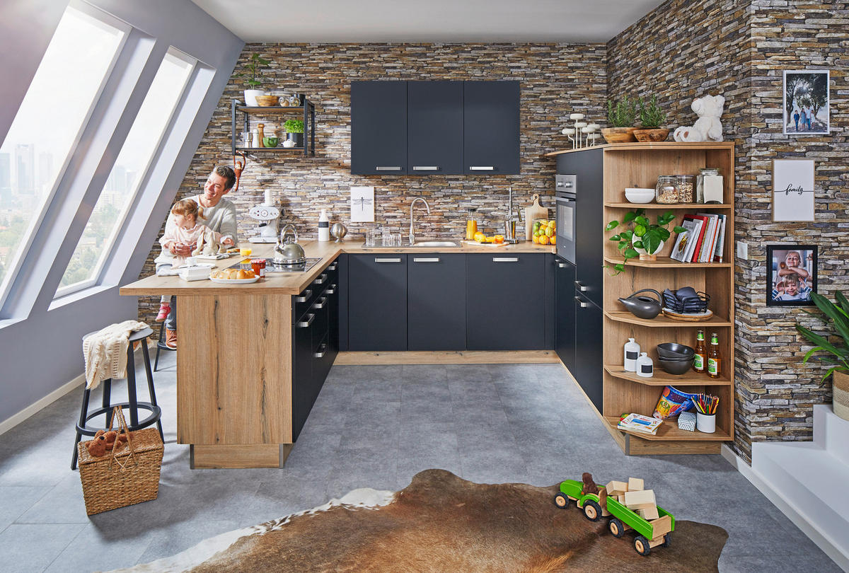 EINBAUKÜCHE   - Eichefarben/Anthrazit, Basics, Holzwerkstoff - Welnova