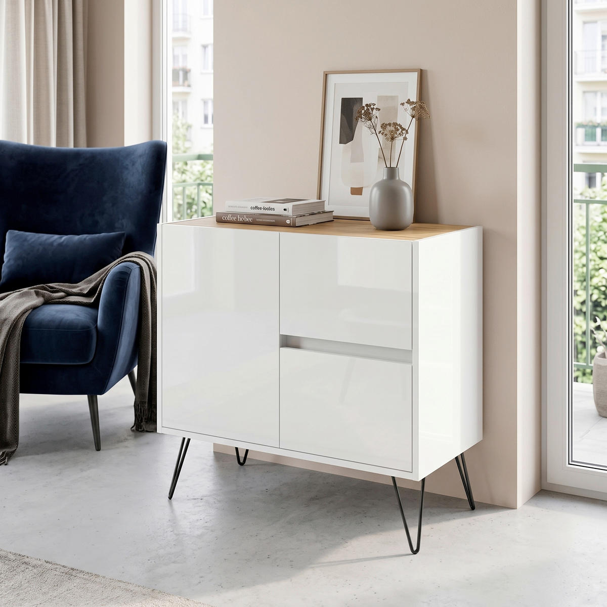 SIDEBOARD Posseik Industrial 79/75,8/42 cm 2 Schublade(n)  - Weiß Hochglanz/Eichefarben, Design, Holzwerkstoff/Metall (79/75,8/42cm) - MID.YOU