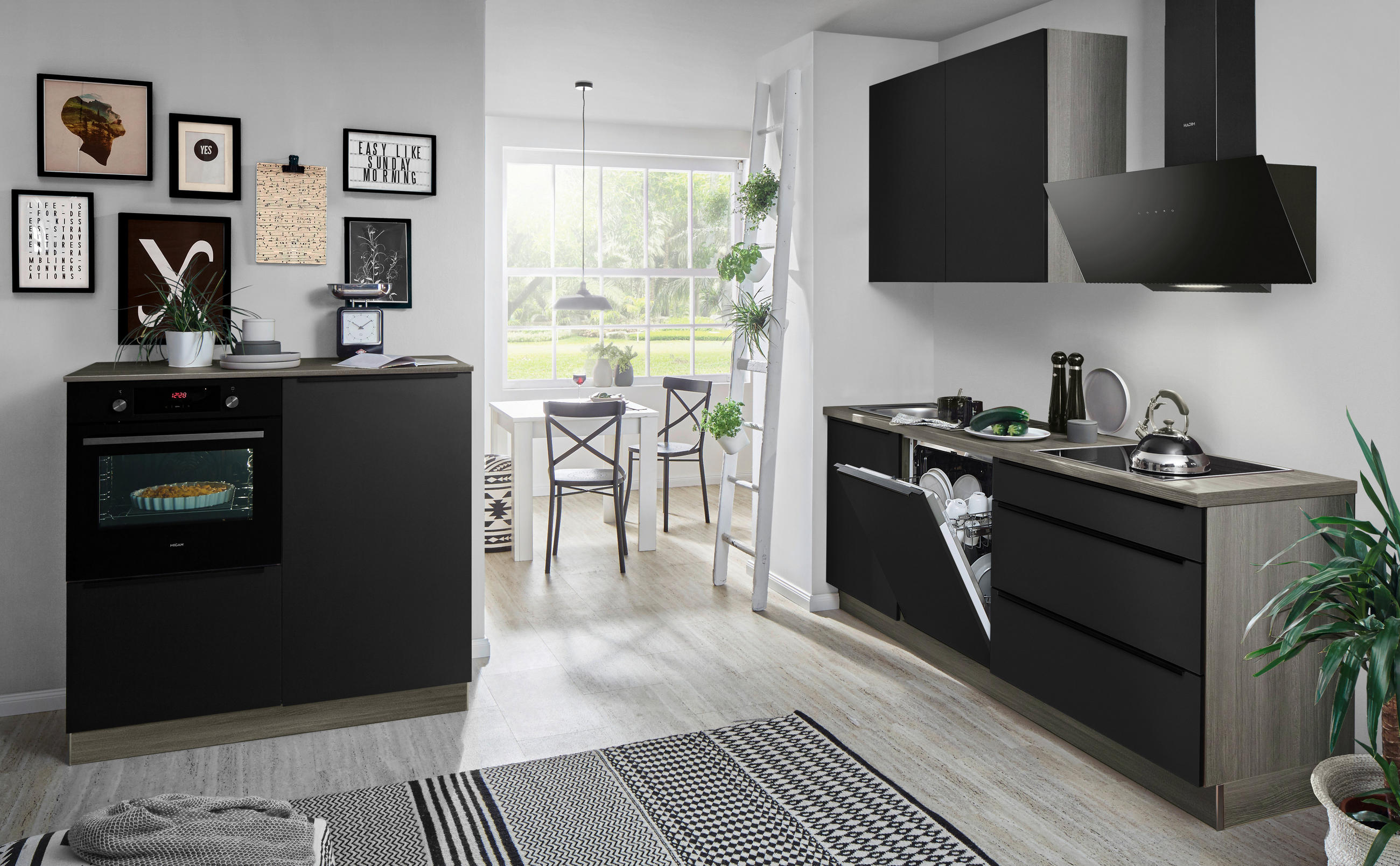 KÜCHENLEERBLOCK  210/120 cm  in Schwarz, Eiche grau  - Eiche grau/Schwarz, Design, Holzwerkstoff/Metall (210/120cm) - Welnova