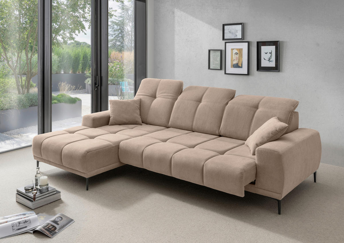 ECKSOFA NESTO Hellbraun Chenille Zierkissen, Kopfteilverstellung, Sitztiefenverstellung  - Hellbraun/Schwarz, Basics, Textil/Metall (187/292cm) - Livetastic