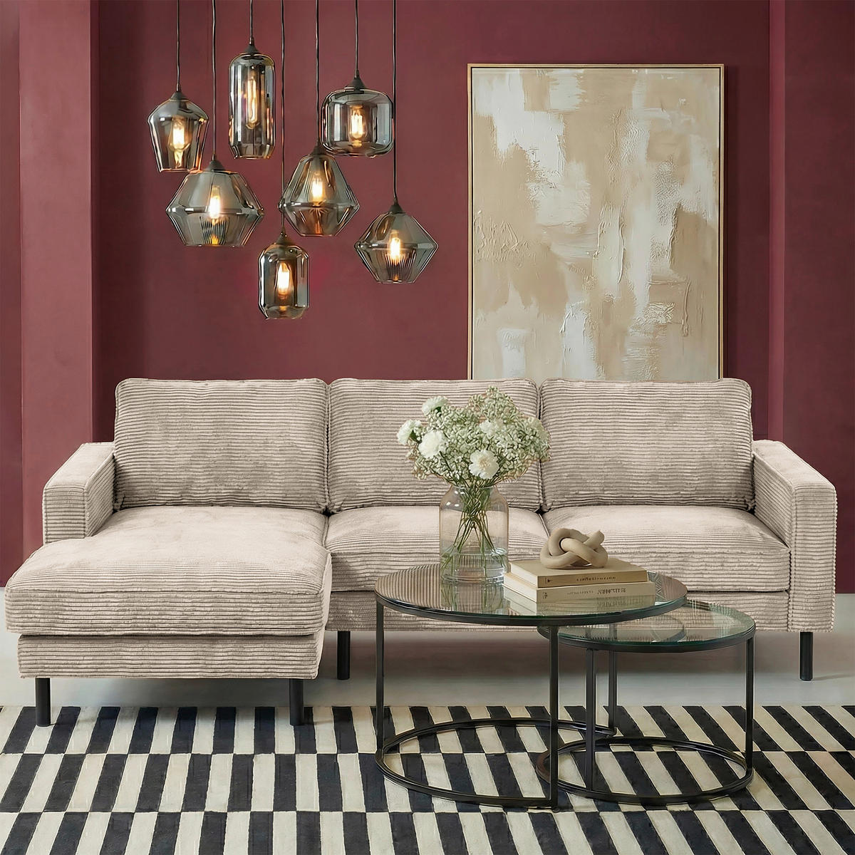 ECKSOFA  in Cord Hellgrau Rücken echt  166/238 cm  - Hellgrau/Schwarz, Design, Textil/Metall (166/238cm) - Livetastic
