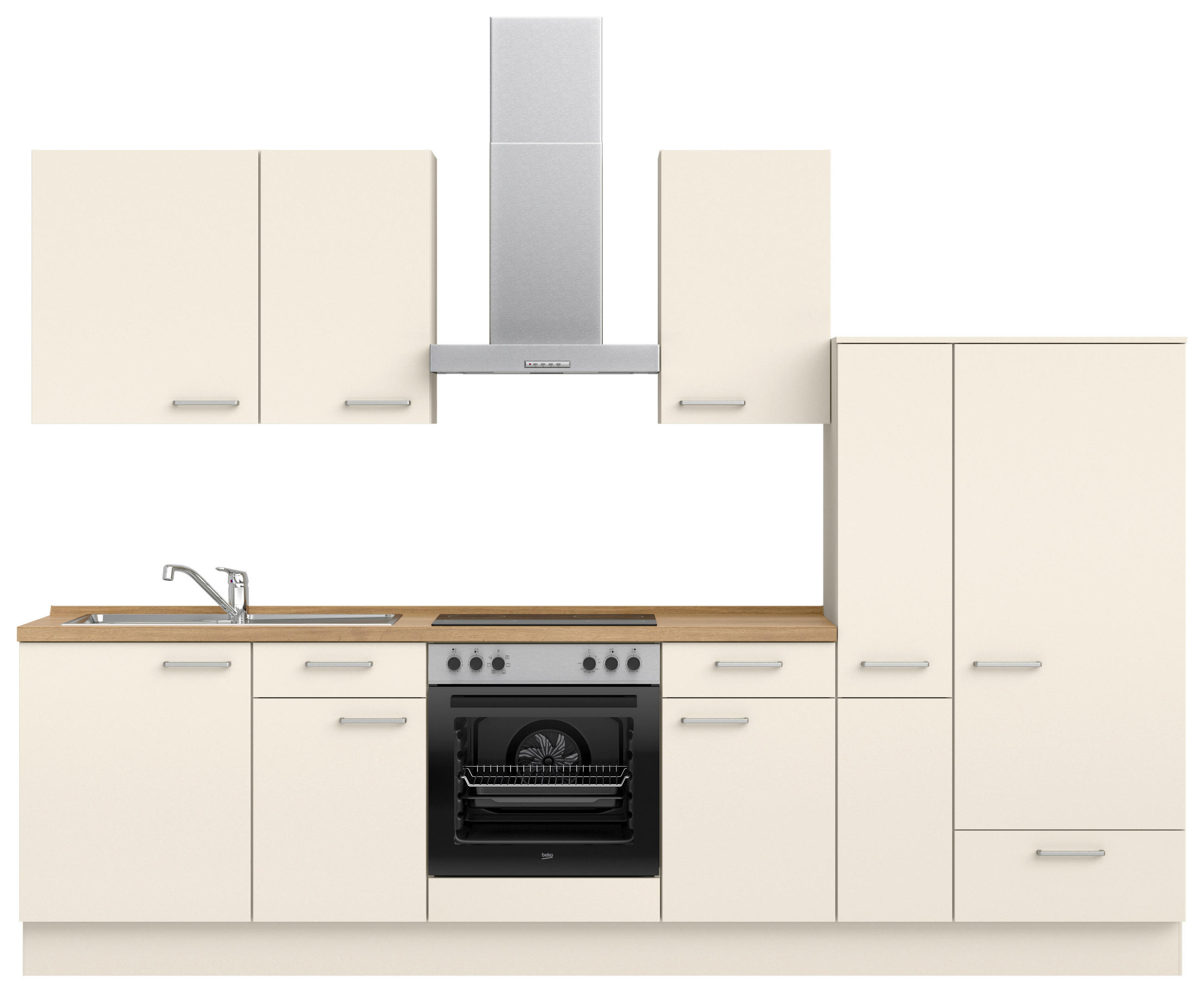 KÜCHENBLOCK 300 cm   in Eichefarben, Magnolie  - Edelstahlfarben/Eichefarben, MODERN, Holzwerkstoff/Metall (300cm) - Nobilia