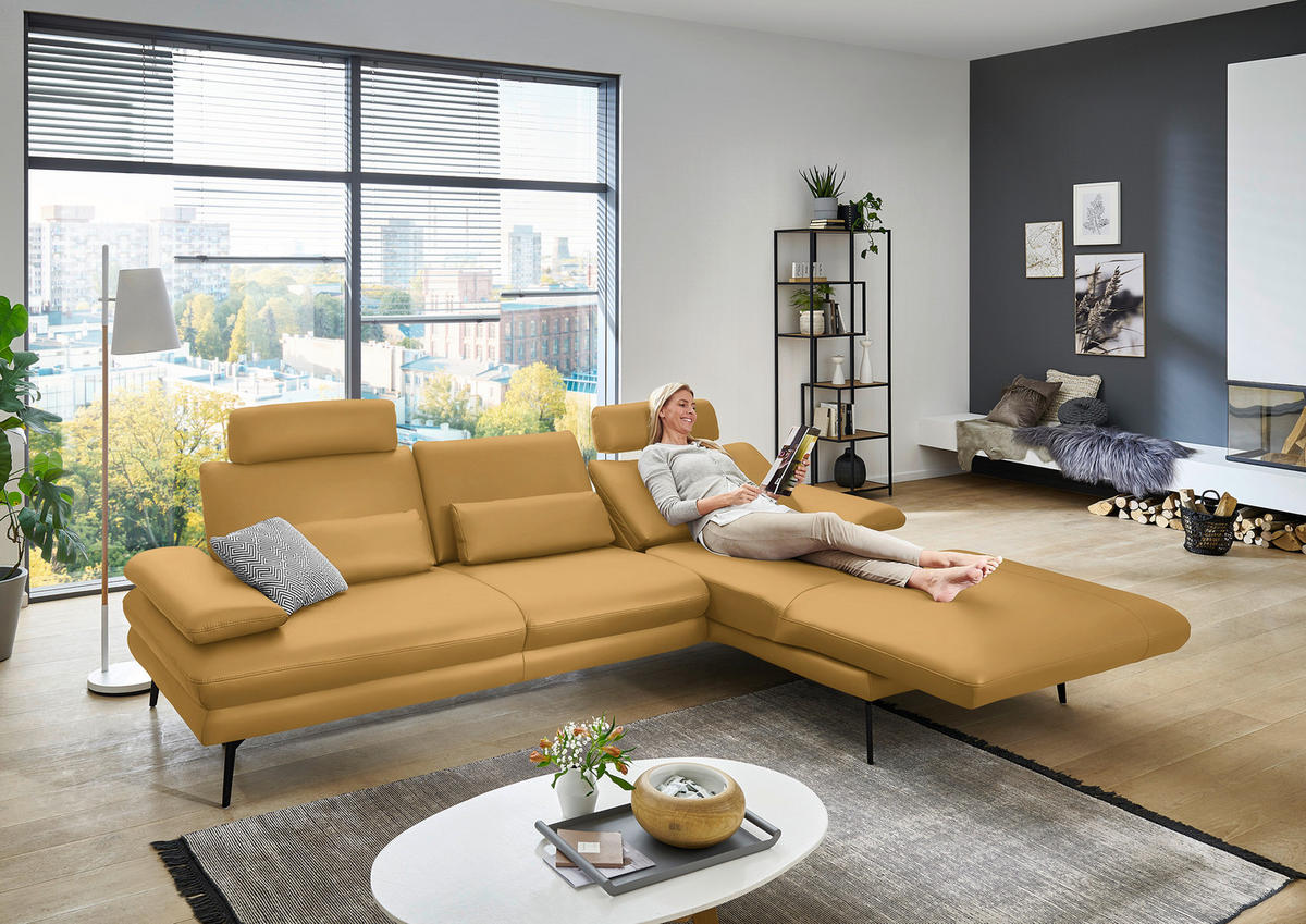 ECKSOFA in Echtleder Gelb  - Gelb/Schwarz, Design, Leder/Metall (310/180cm) - Dieter Knoll