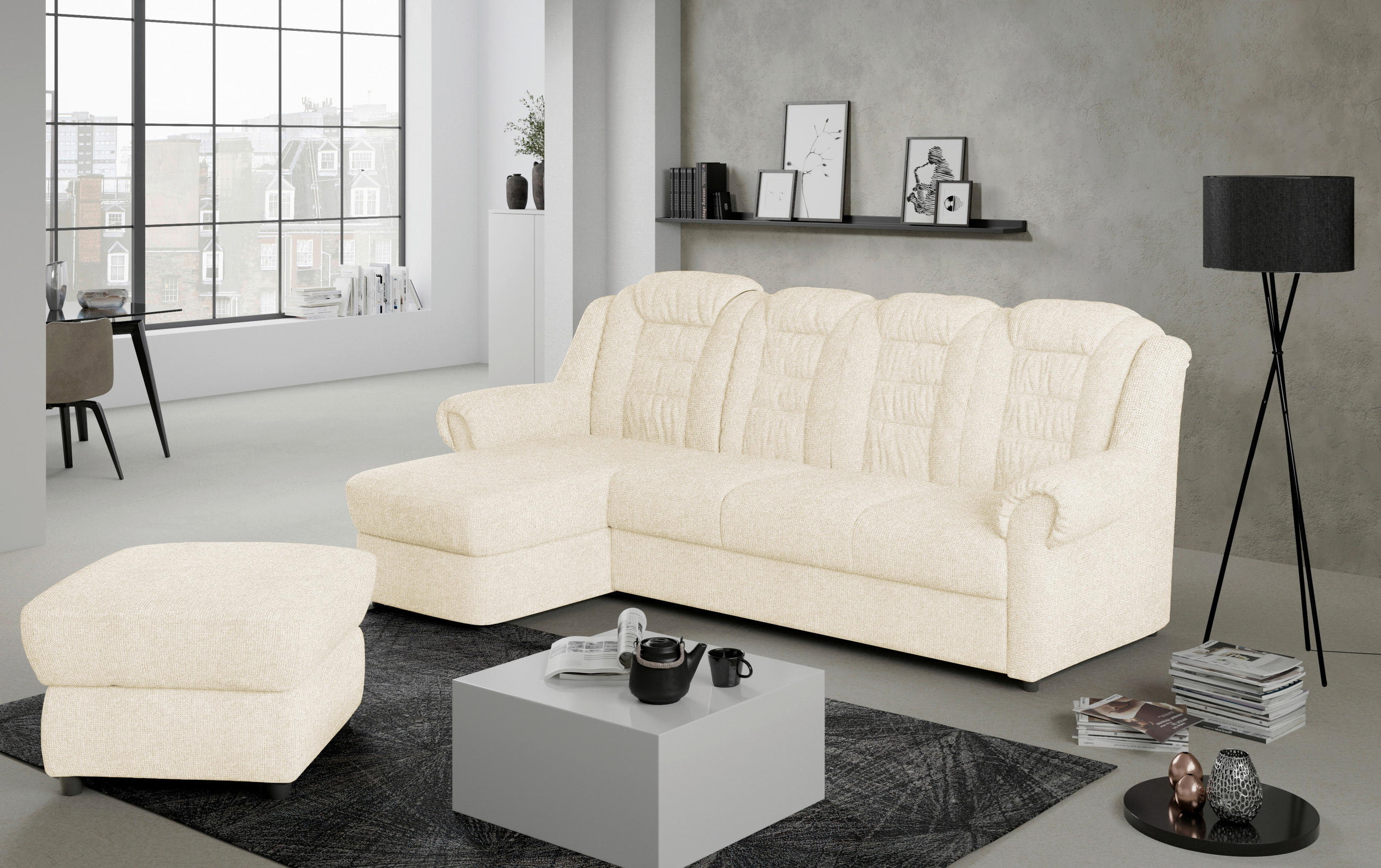 ECKSOFA in Chenille Creme  - Creme/Schwarz, Konventionell, Kunststoff/Textil (165/262cm) - Livetastic