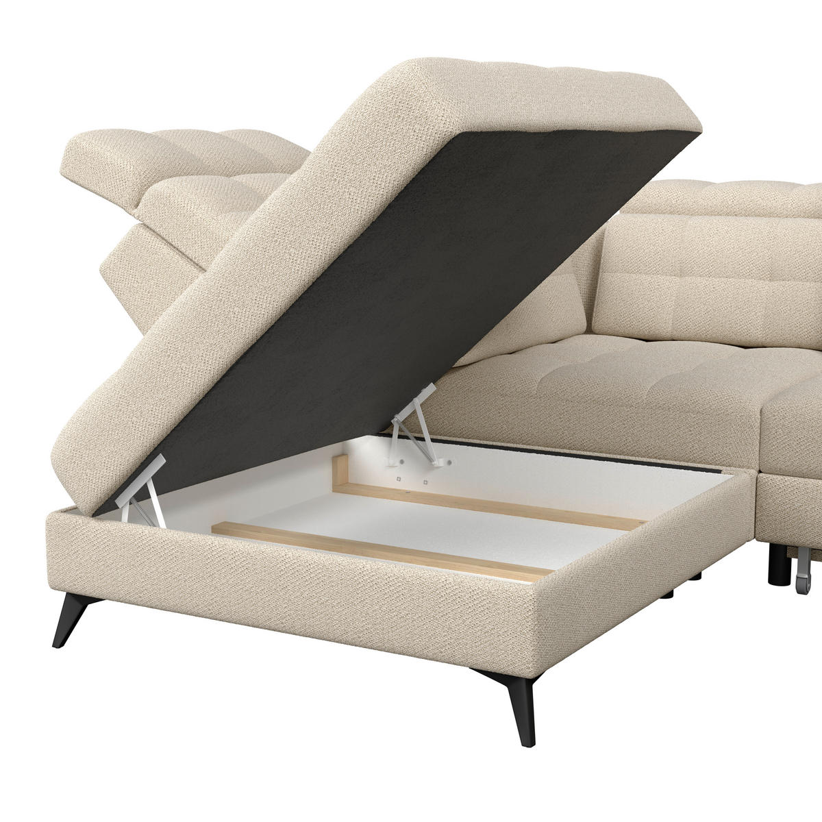 ECKSOFA BARLETTA NEW Beige Velours Bettkasten, Kopfteilverstellung, Sitztiefenverstellung, Liegefläche im Originalstoff  - Beige/Schwarz, ROMANTIK / LANDHAUS, Textil/Metall (228/289cm) - MID.YOU