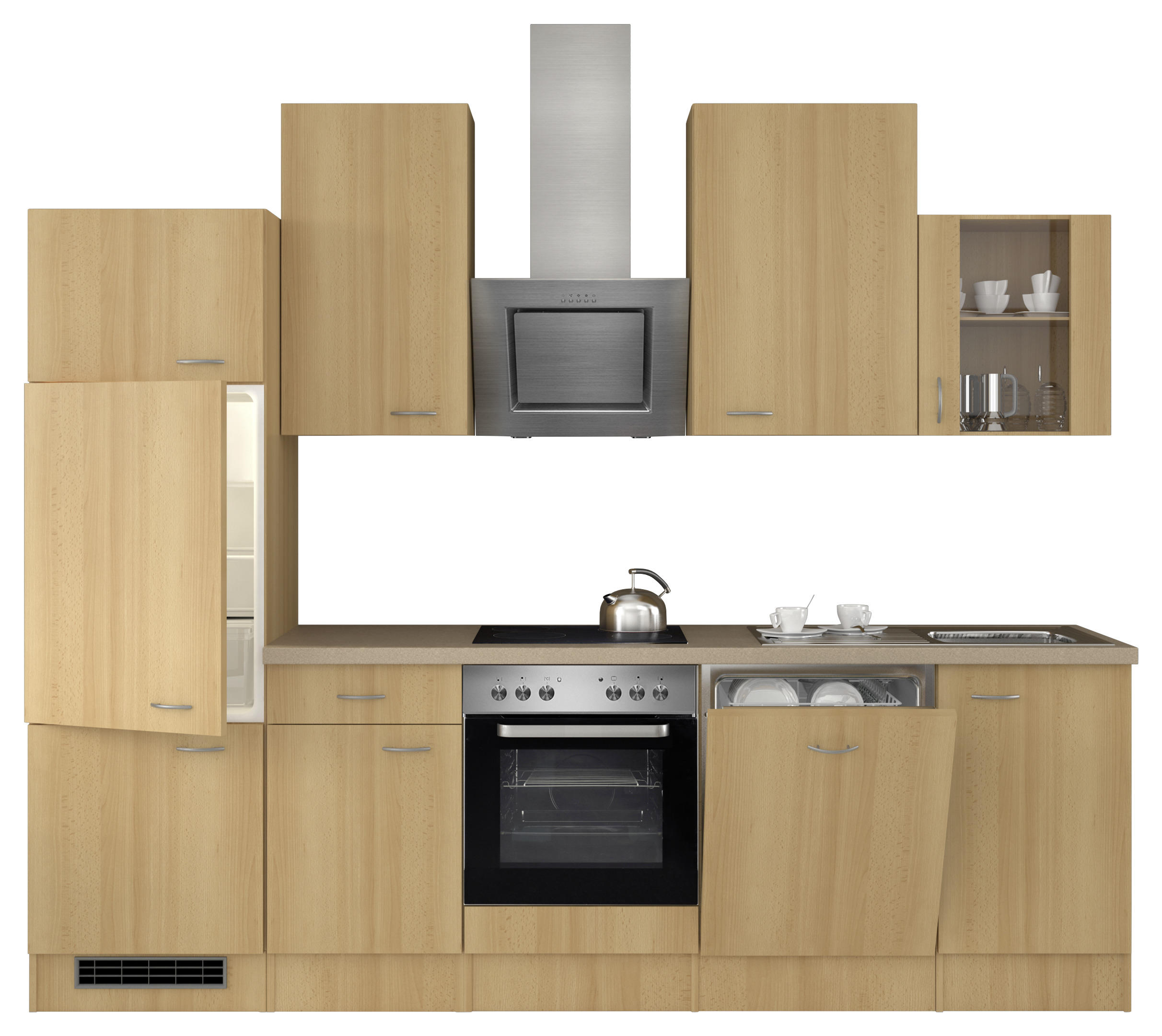 KÜCHENBLOCK 280 cm in Buchefarben, Edelstahlfarben, Hellbraun - Hellbraun/Edelstahlfarben, MODERN, Glas/Metall (280cm) - MID.YOU