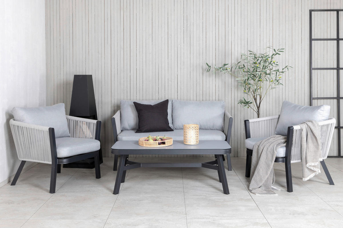 LOUNGEGARNITUR 4-teilig   Aluminium  - Schwarz/Grau, KONVENTIONELL, Textil/Metall - Gardenson