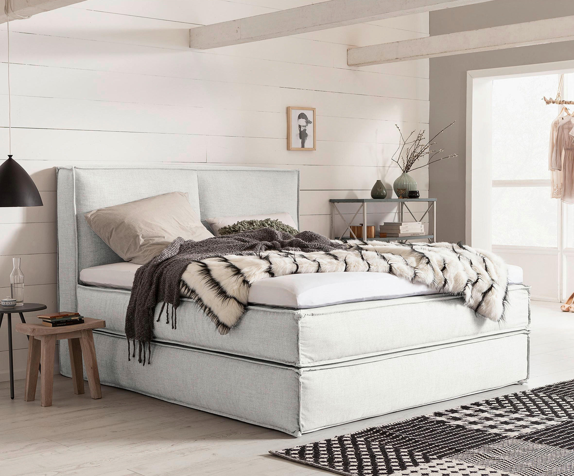 Thumbnail - home24 Boxspringbett Kinx, Creme, Textil, H2 + H3, 7-Zonen, Höhe ca. 24 cm, 200x220 cm, gepolstertes Kopfteil, Topper du...